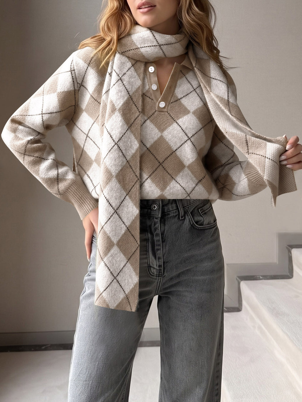 Saodimallsu Womens Argyle Color Block Polo Sweater