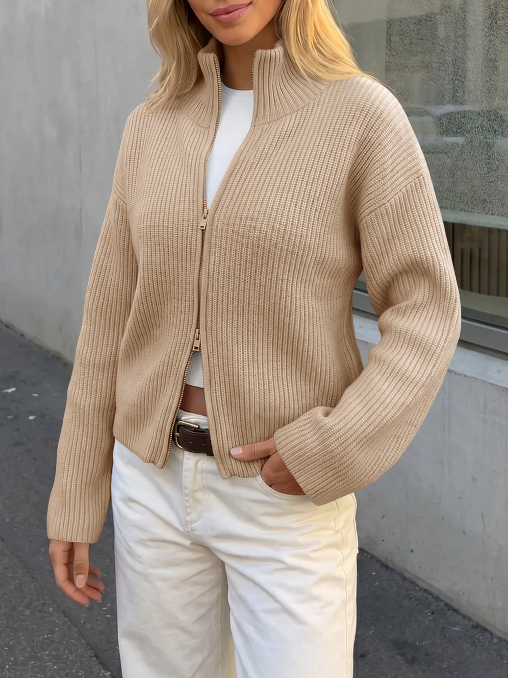 Saodimallsu Women Zip Up Chunky Knit Sweater