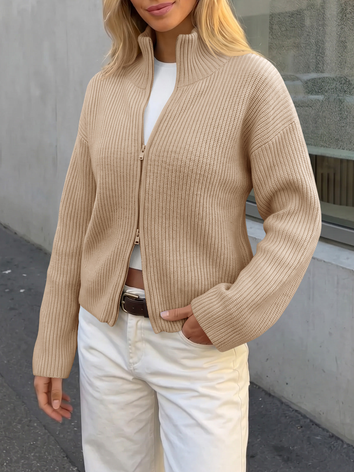 Saodimallsu Women Zip Up Chunky Knit Sweater