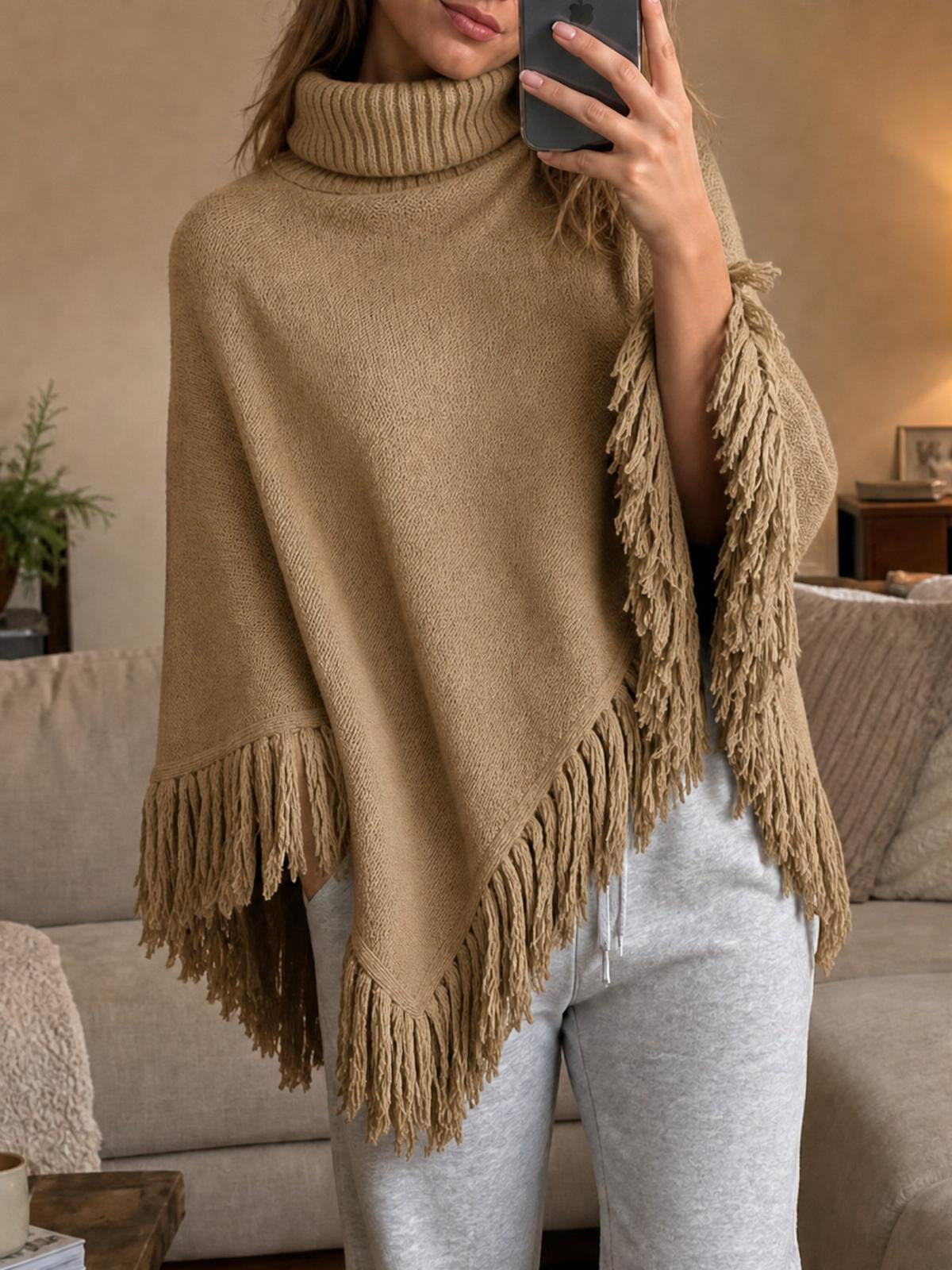 Saodimallsu Womens Fringe Turtleneck Poncho Sweater