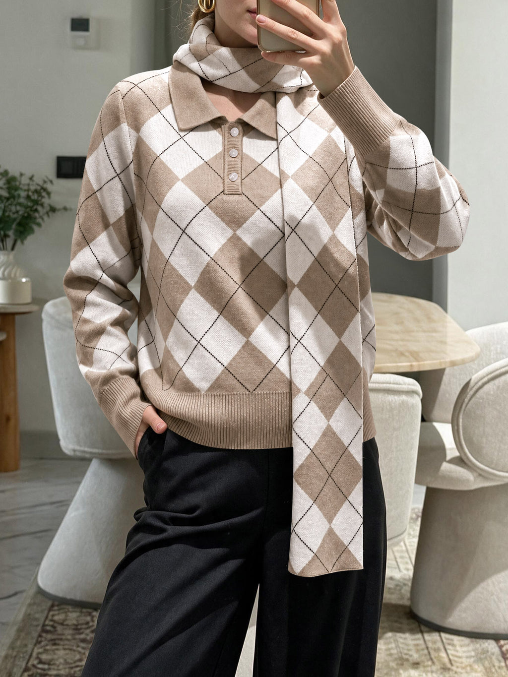 Saodimallsu Womens Argyle Color Block Polo Sweater