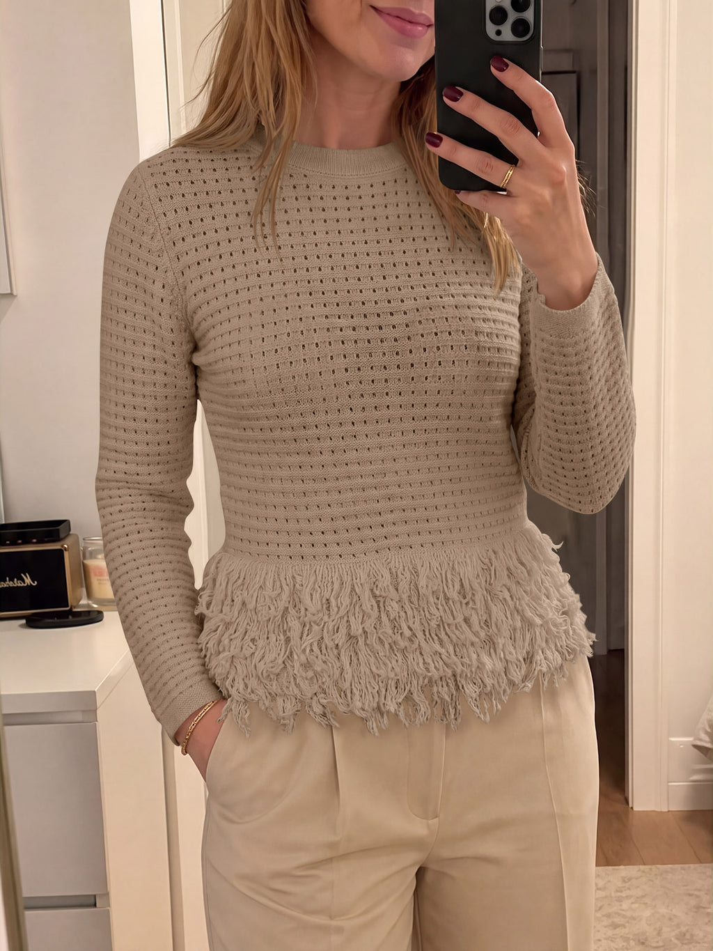Saodimallsu Womens Crochet Fringe Crew Neck Sweater