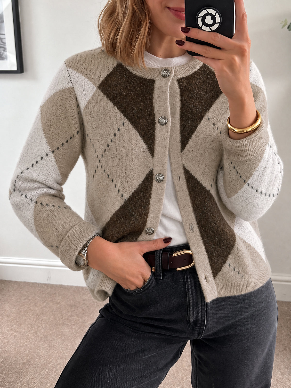 Saodimallsu Womens Argyle Crew Neck Knit Cardigan
