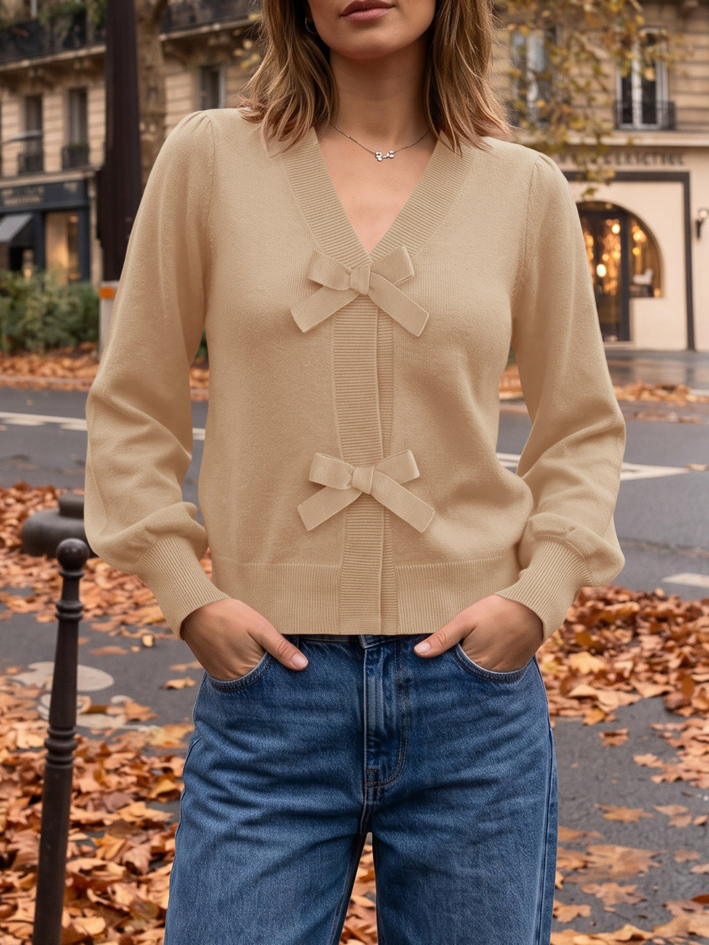 Saodimallsu Women V Neck Bow Knit Cardigan