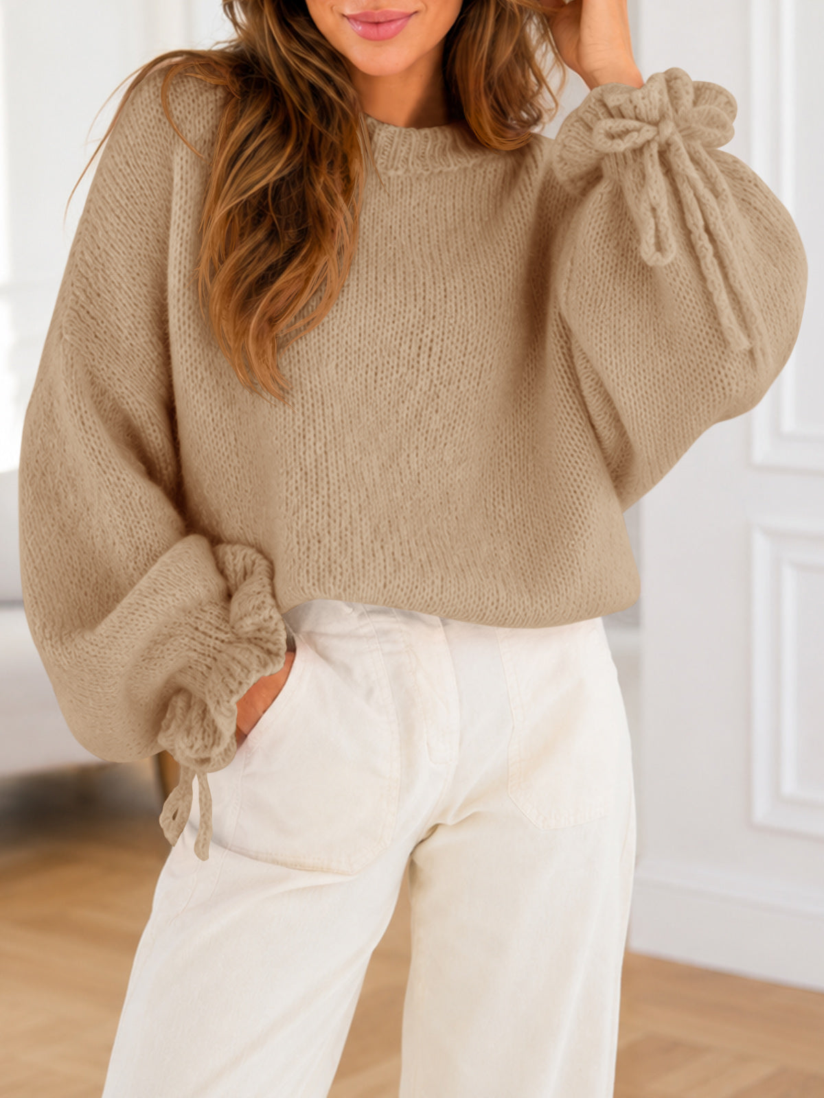 Saodimallsu Women Ruffle Long Sleeve Knit Sweater