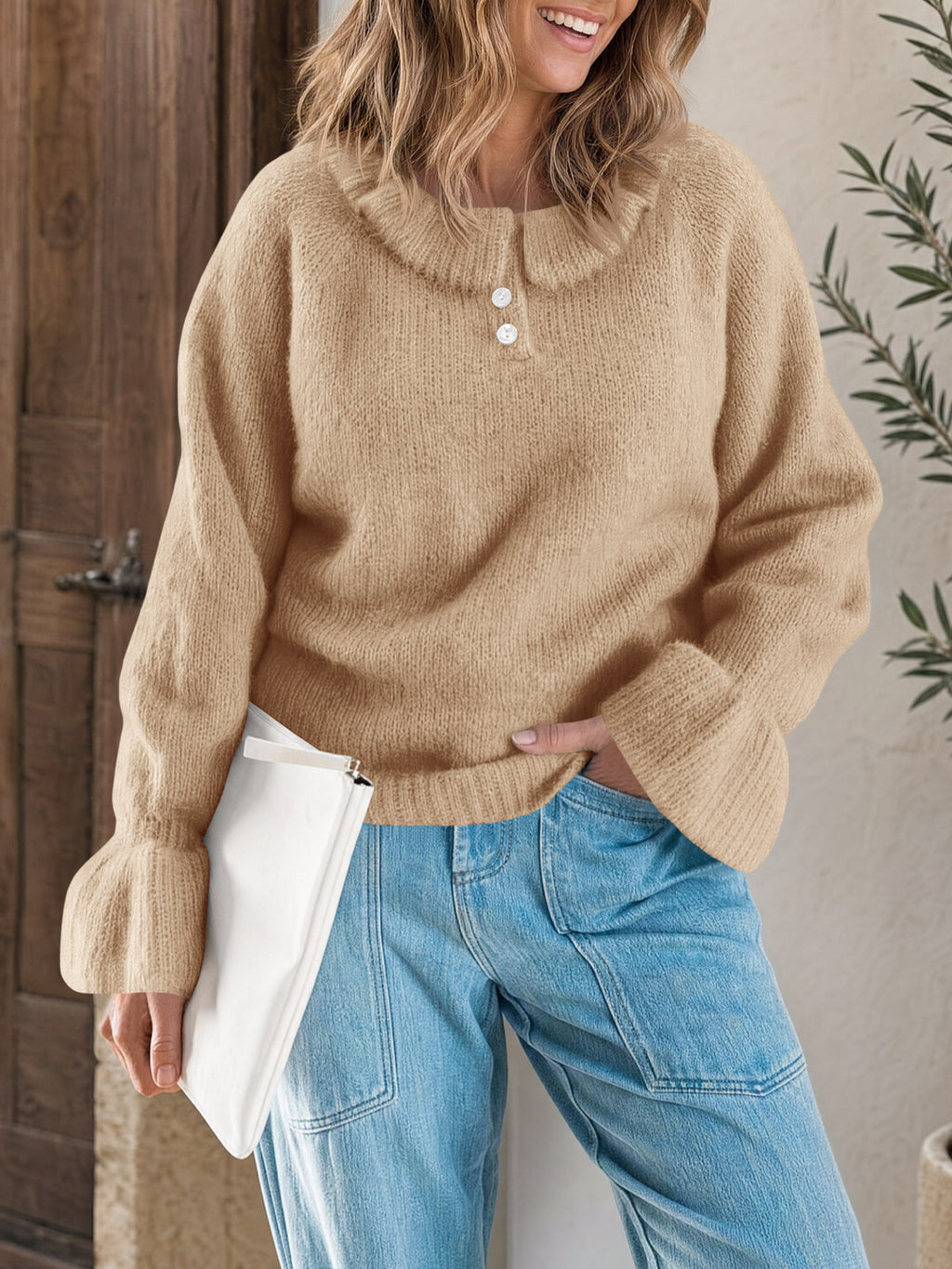 Saodimallsu Women Ruffle Collared Long Sleeve Sweater