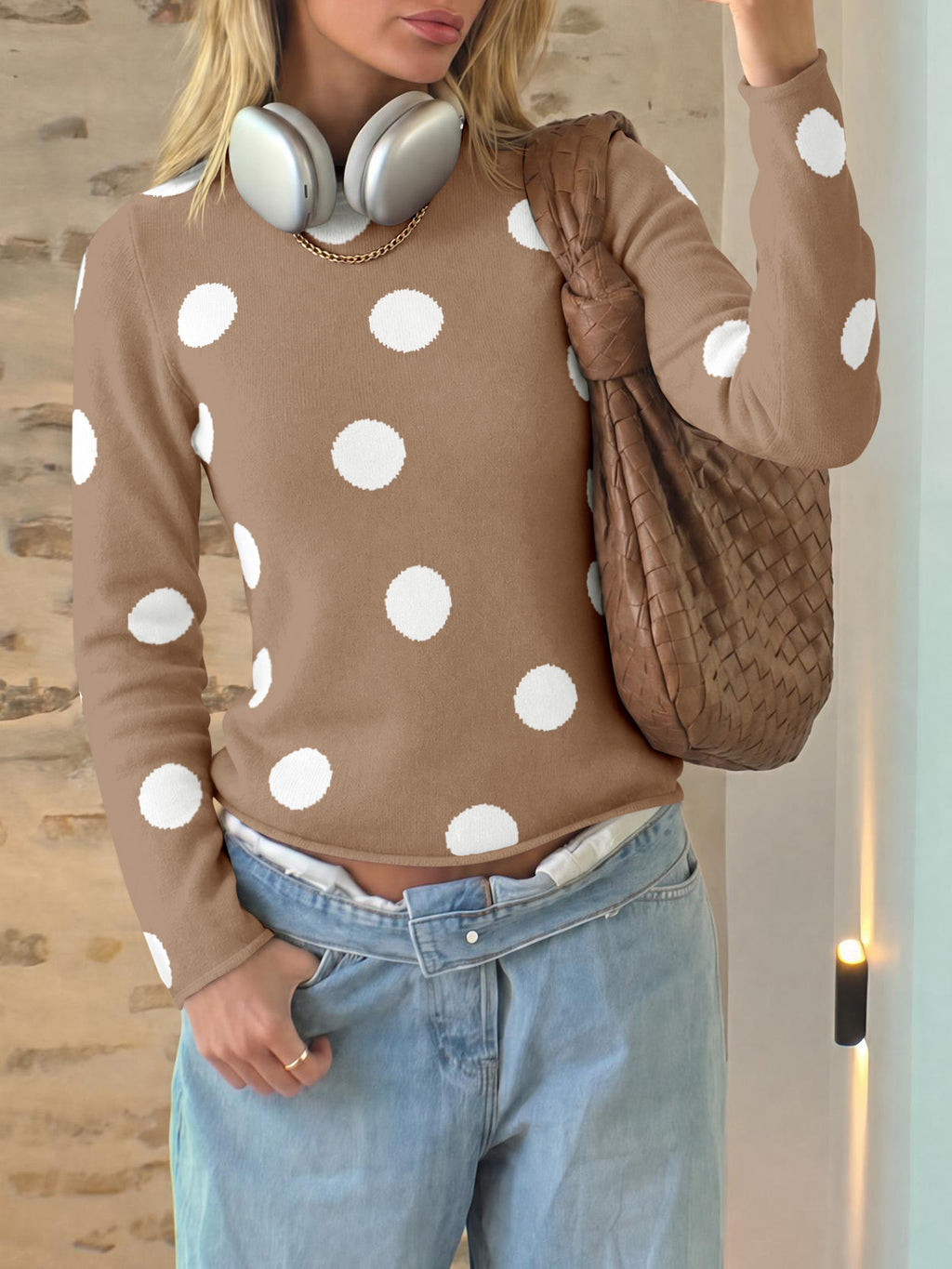 Saodimallsu Womens Polka Dot Long Sleeve Sweater