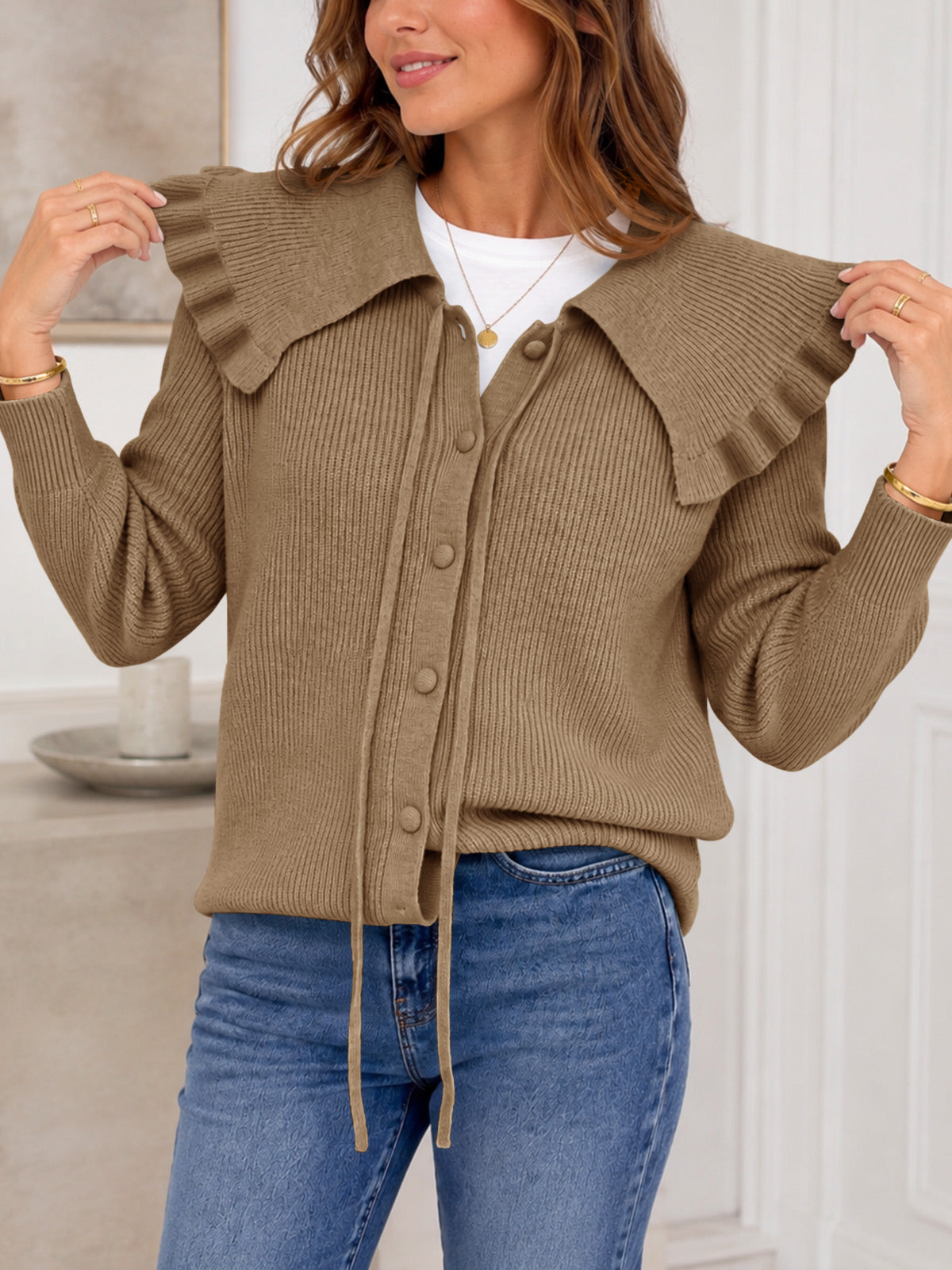 Saodimallsu Women Ruffle Collar Knit Cardigan