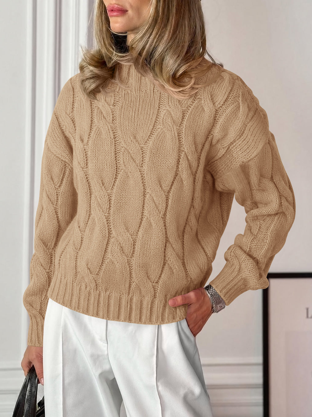 Saodimallsu Womens Mock Neck Cable Knit Sweater