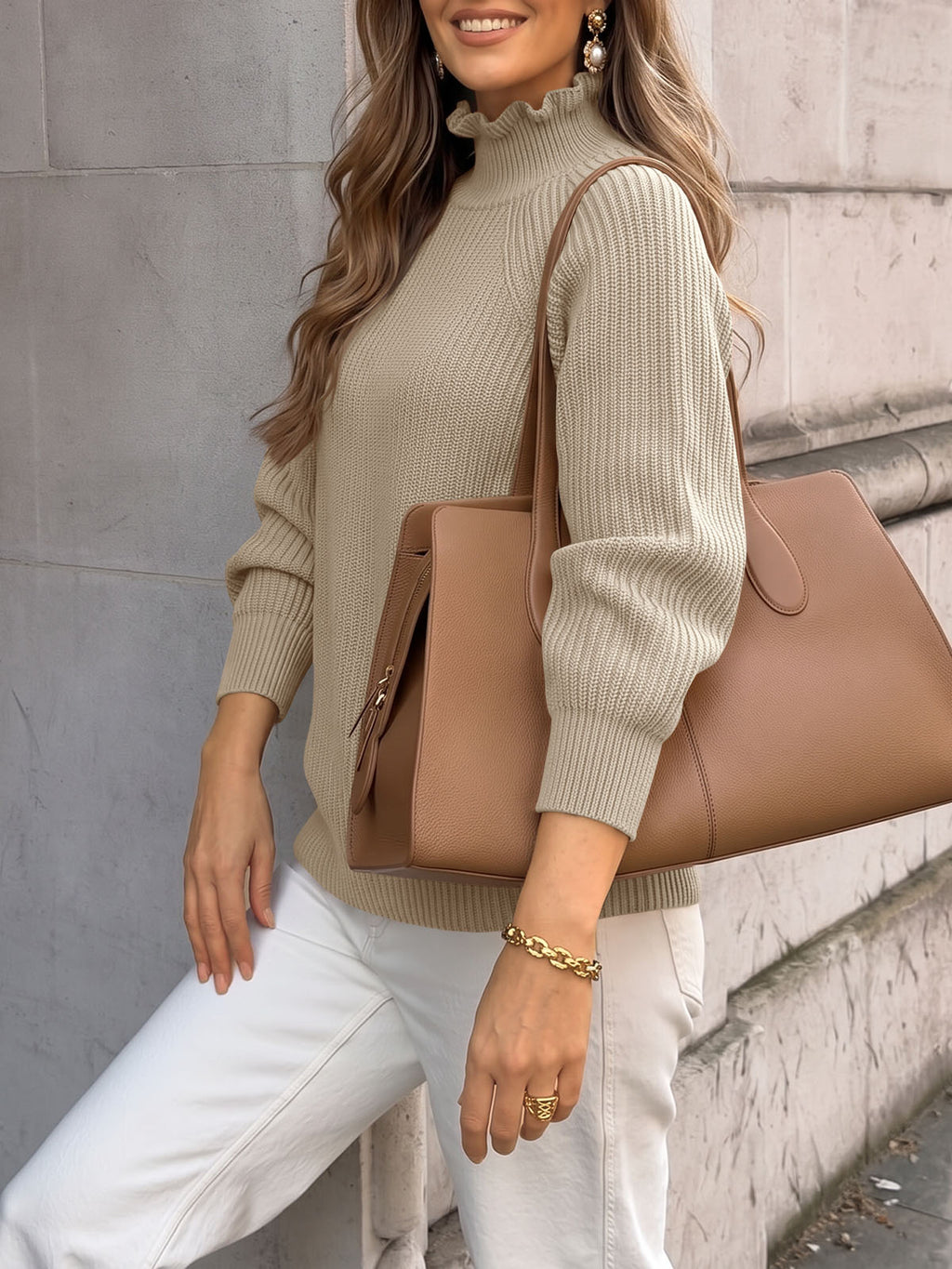 Saodimallsu Womens Ruffle Mock Neck Sweater