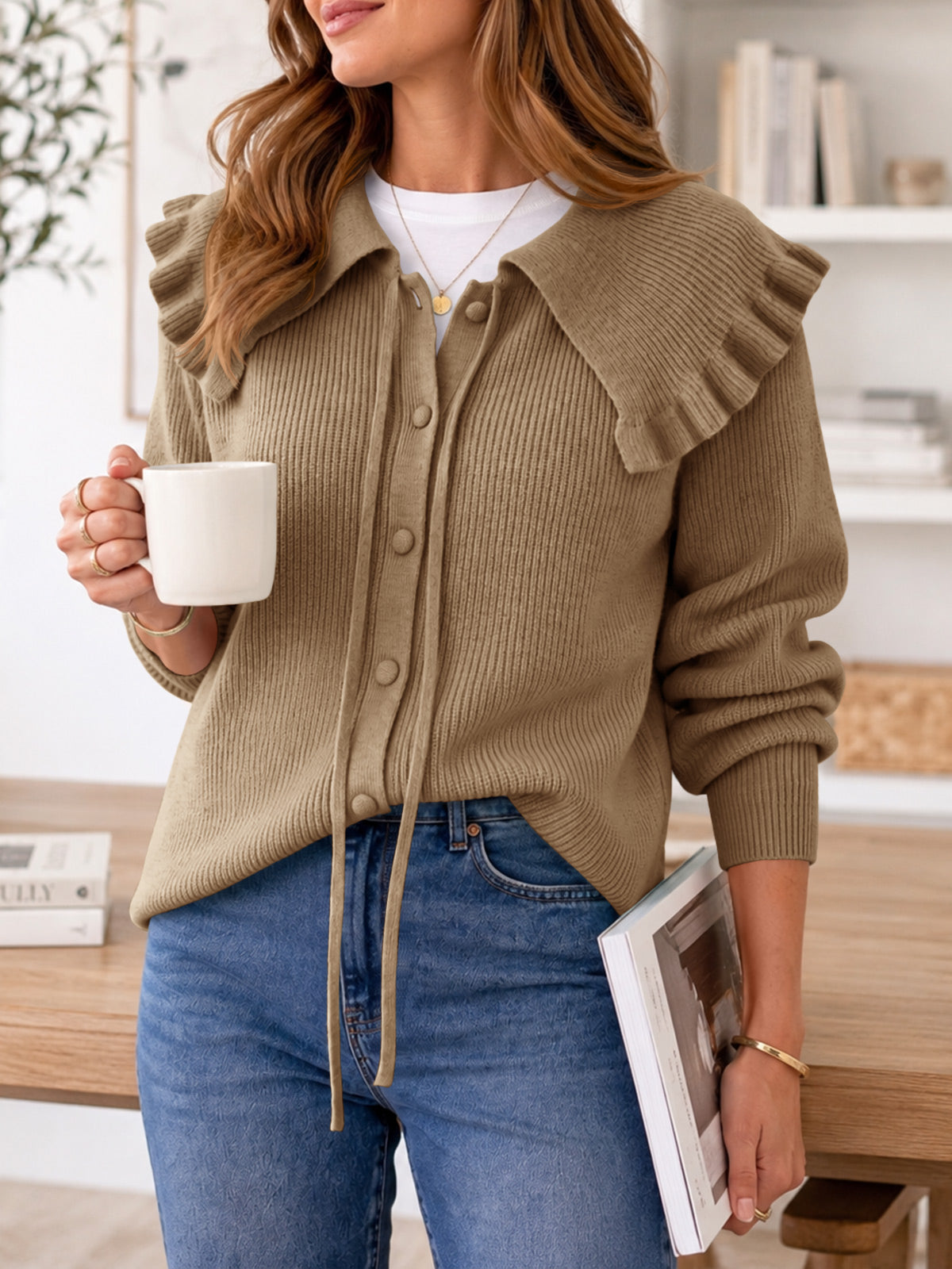 Saodimallsu Women Ruffle Collar Knit Cardigan