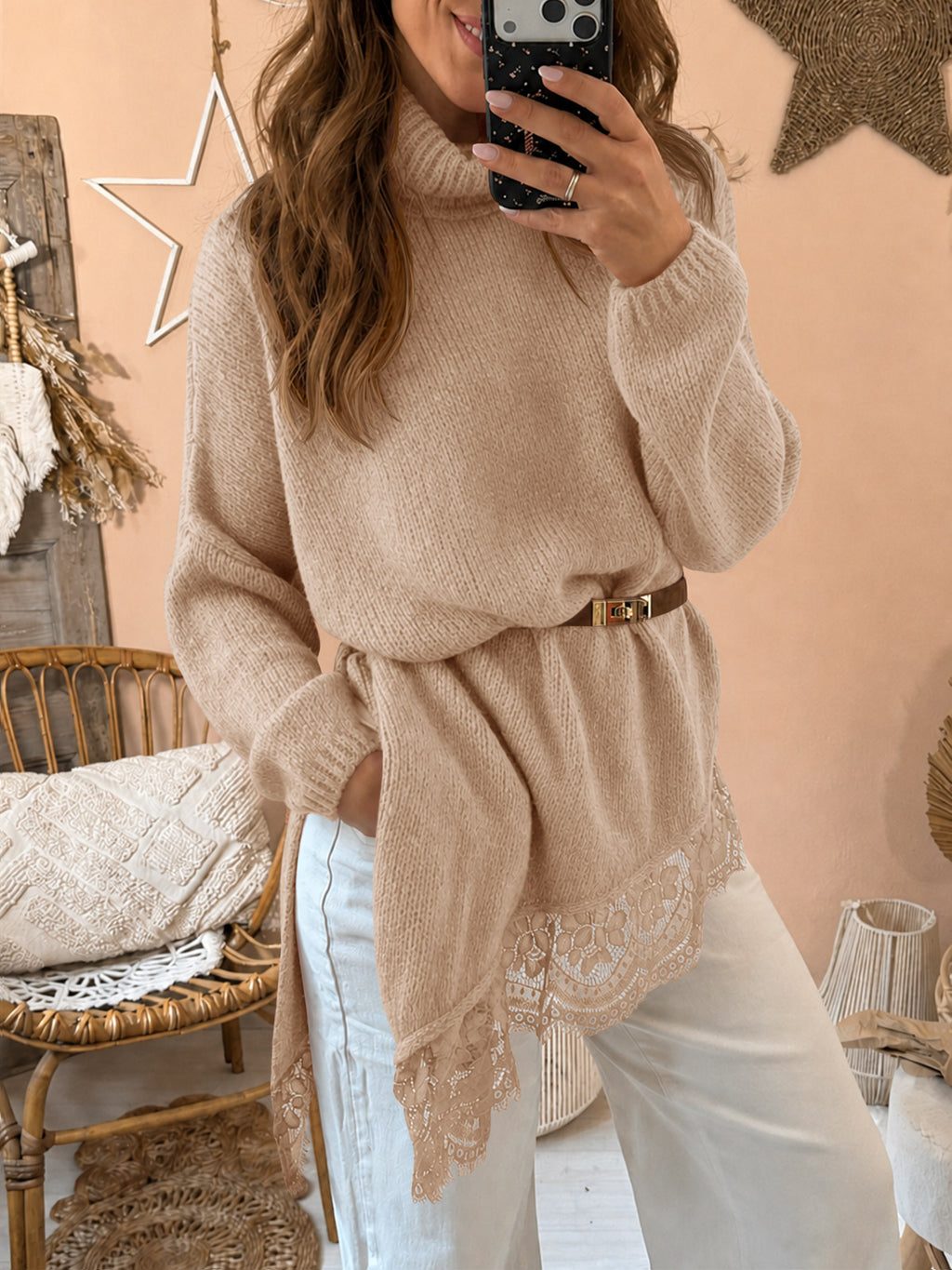 Saodimallsu Womens Oversized Batwing Sleeve Turtleneck Sweater