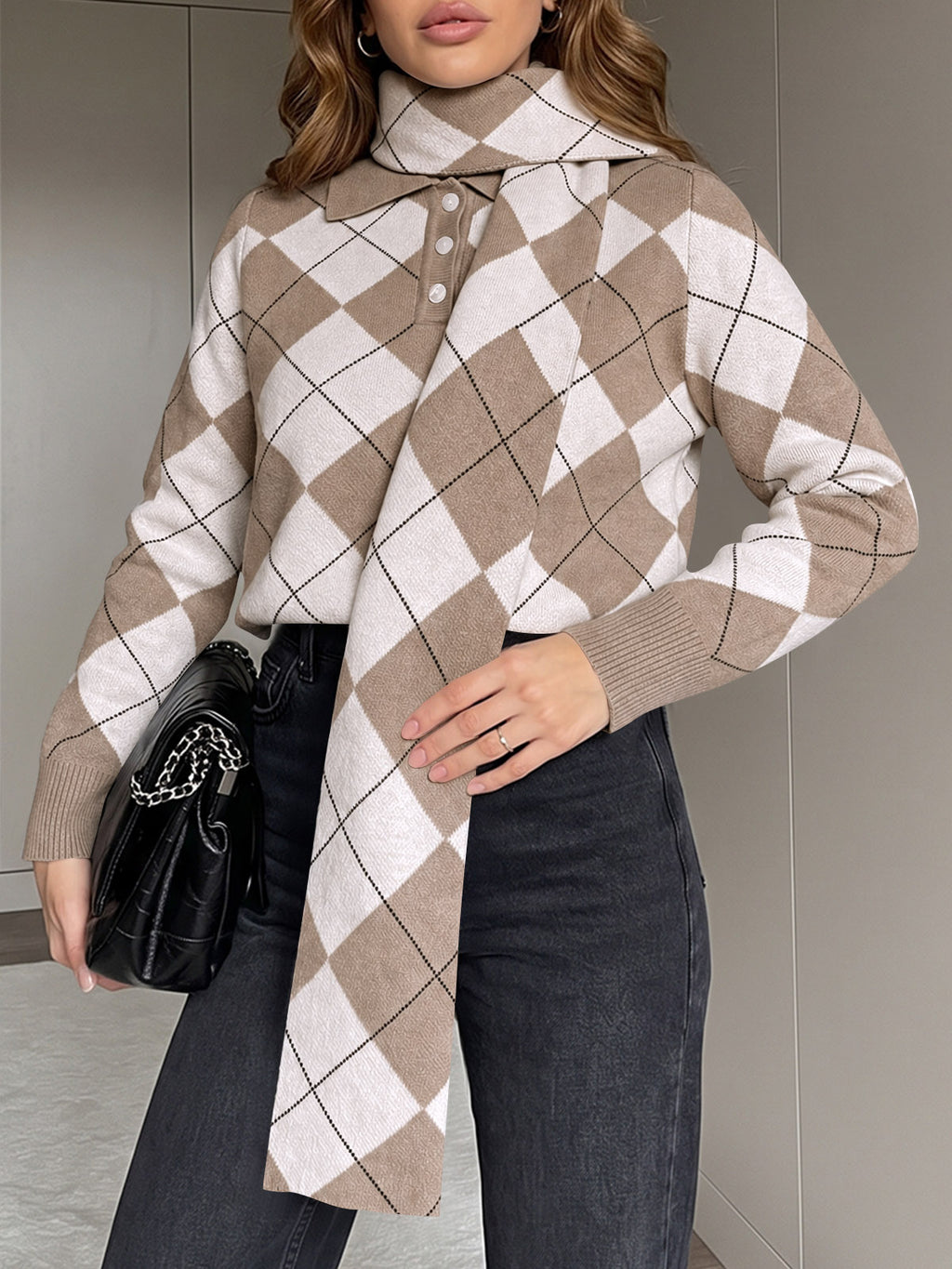 Saodimallsu Womens Argyle Color Block Polo Sweater