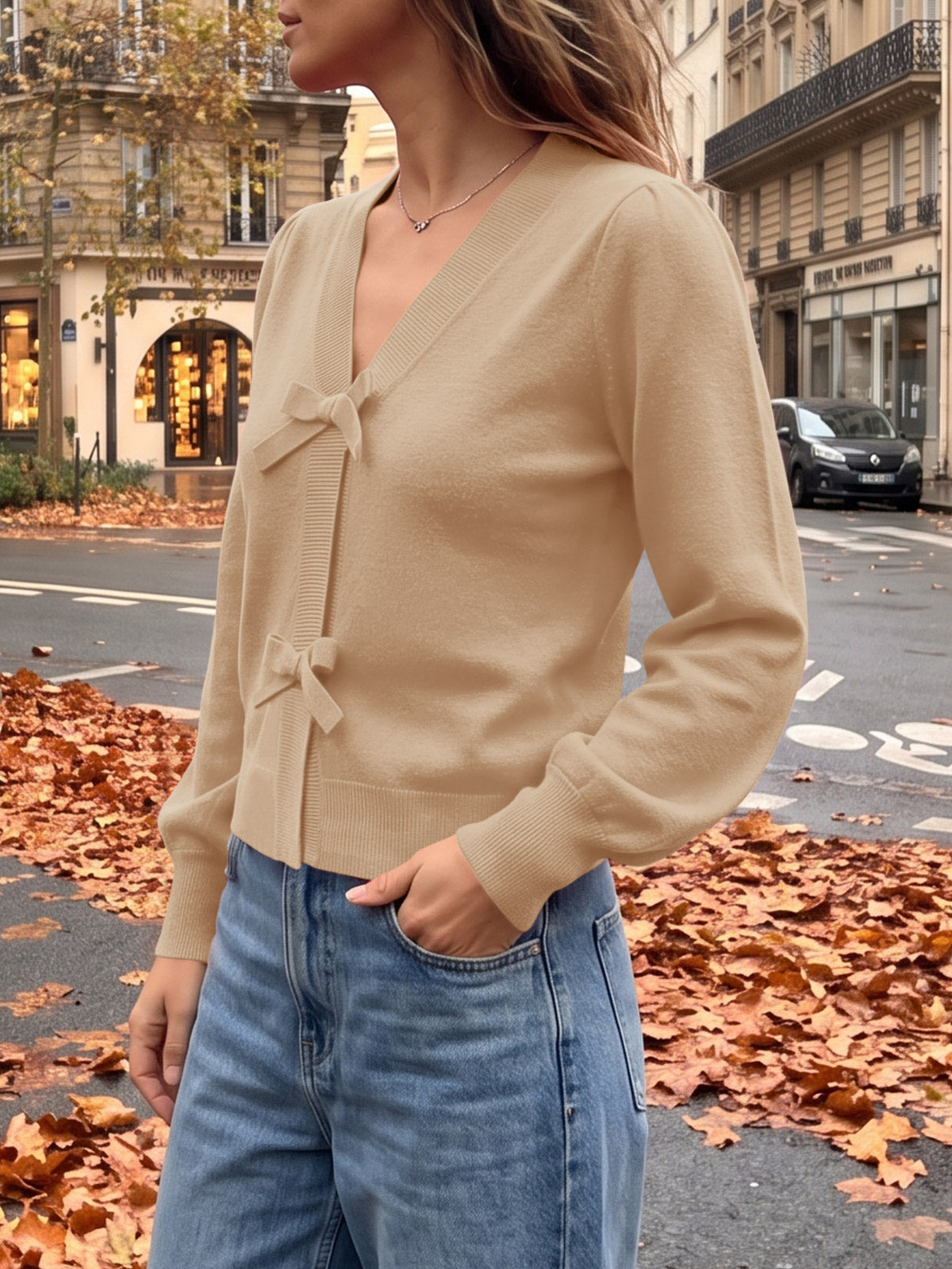 Saodimallsu Women V Neck Bow Knit Cardigan