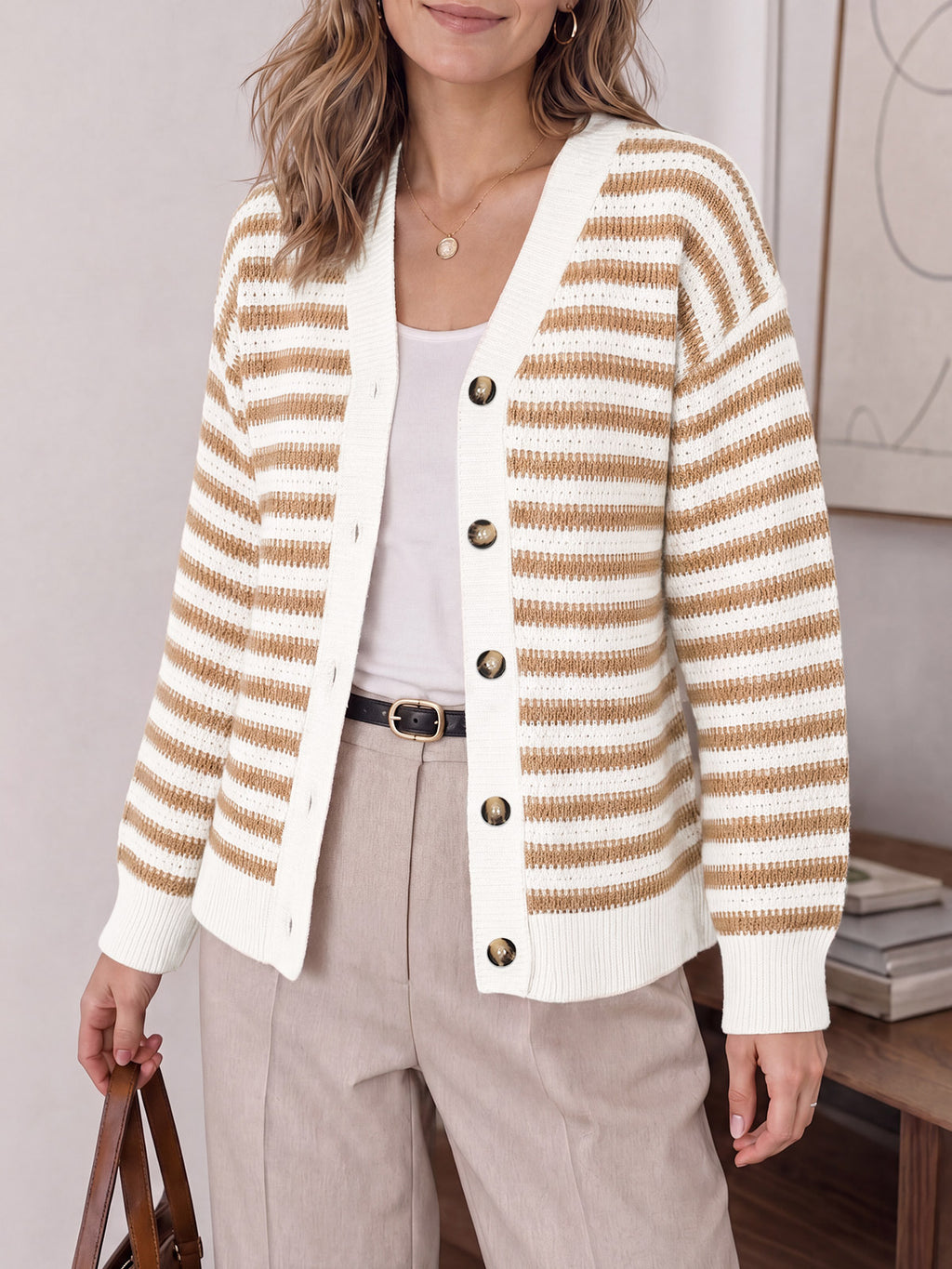 Saodimallsu Womens Striped V Neck Cardigan