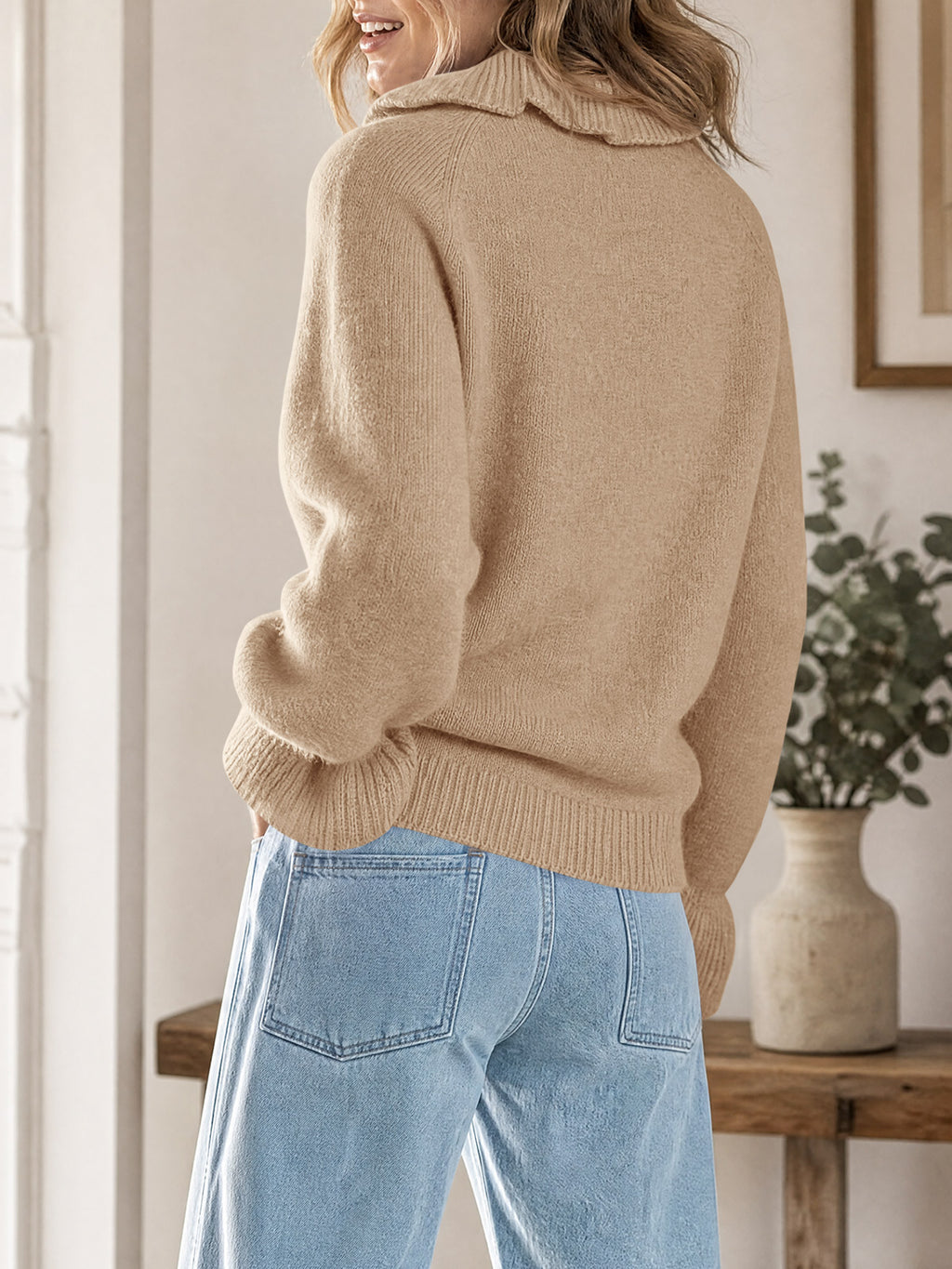Saodimallsu Women Ruffle Collared Long Sleeve Sweater