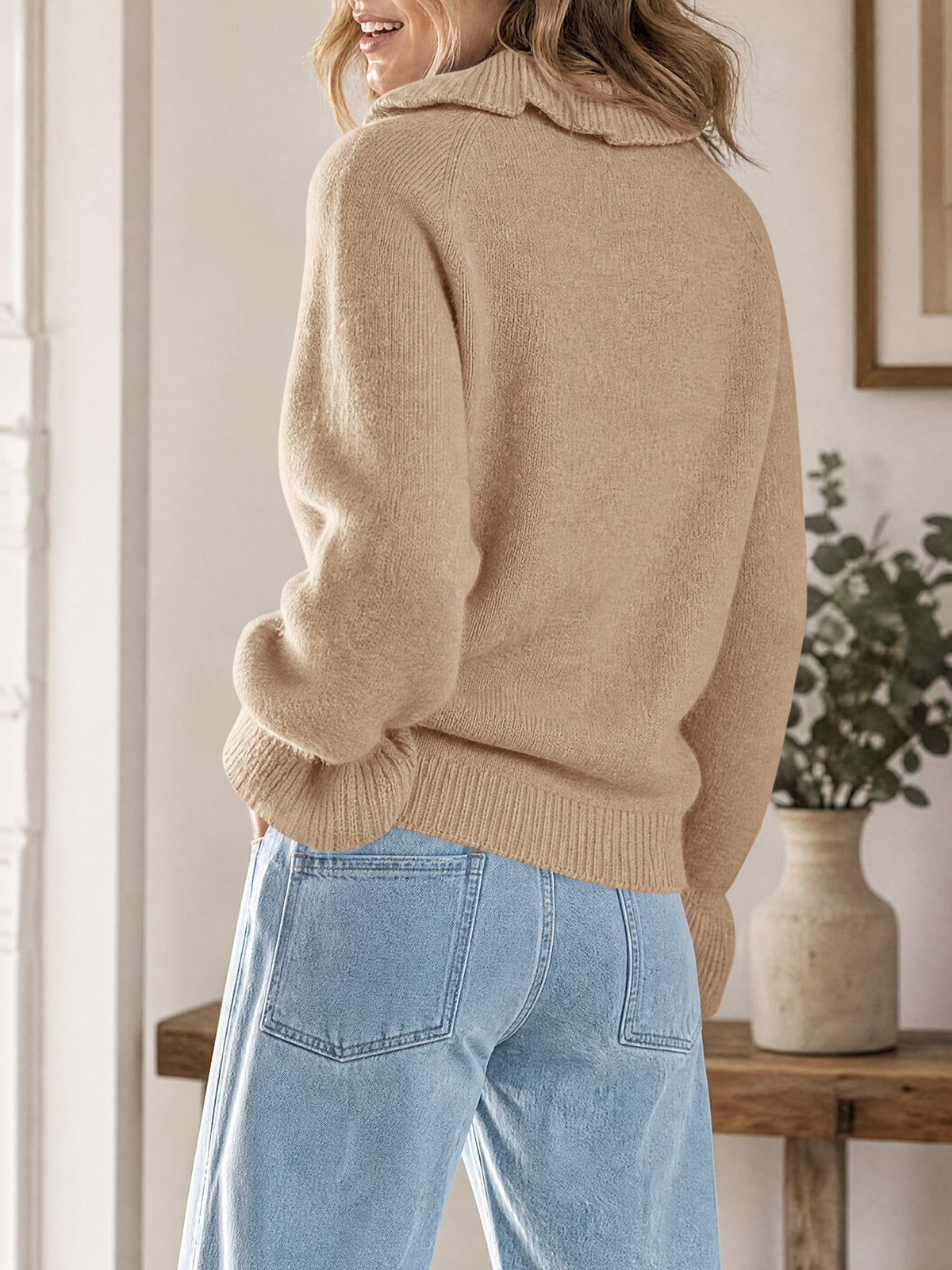 Saodimallsu Women Ruffle Collared Long Sleeve Sweater