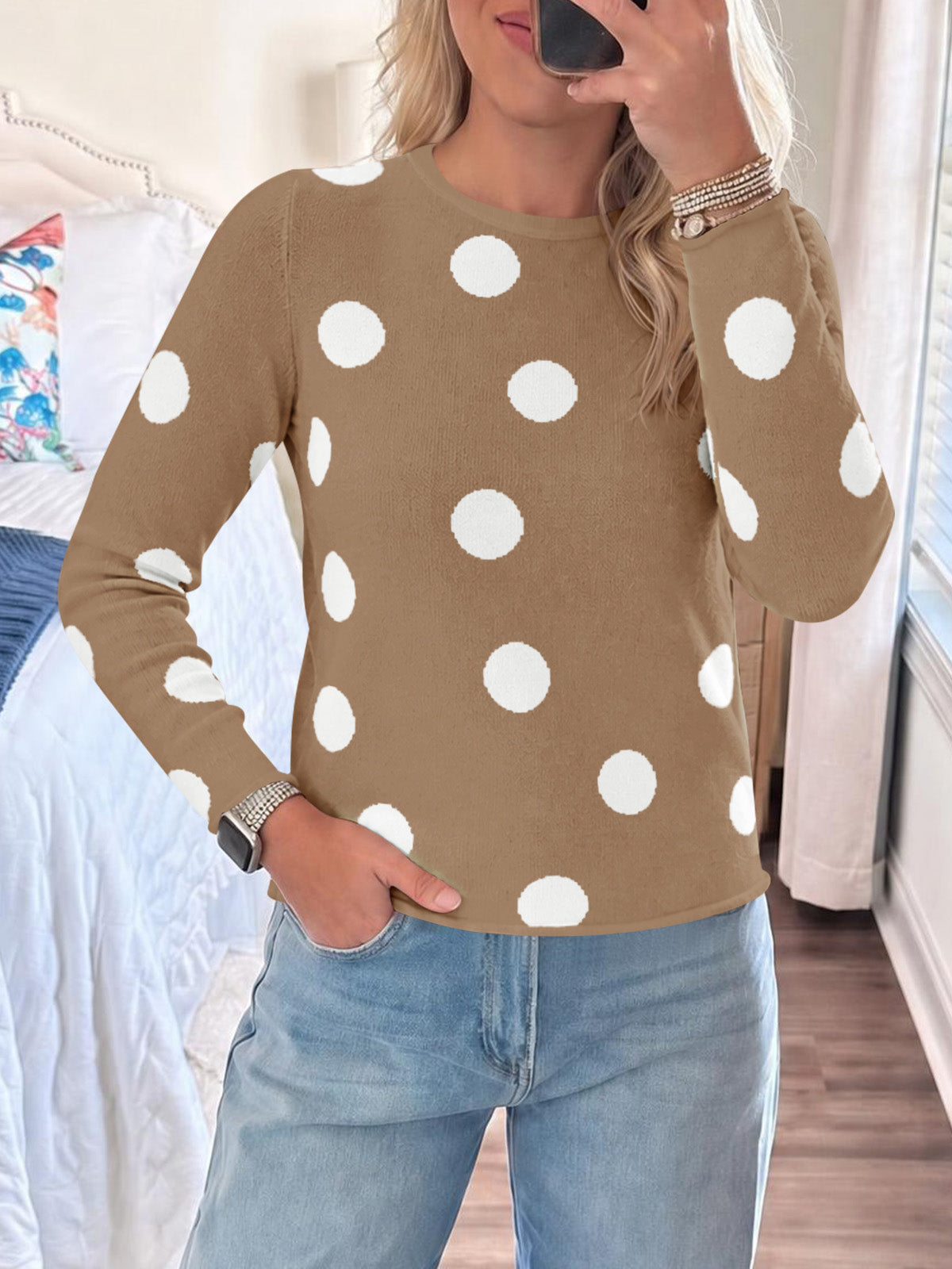 Saodimallsu Womens Polka Dot Long Sleeve Sweater