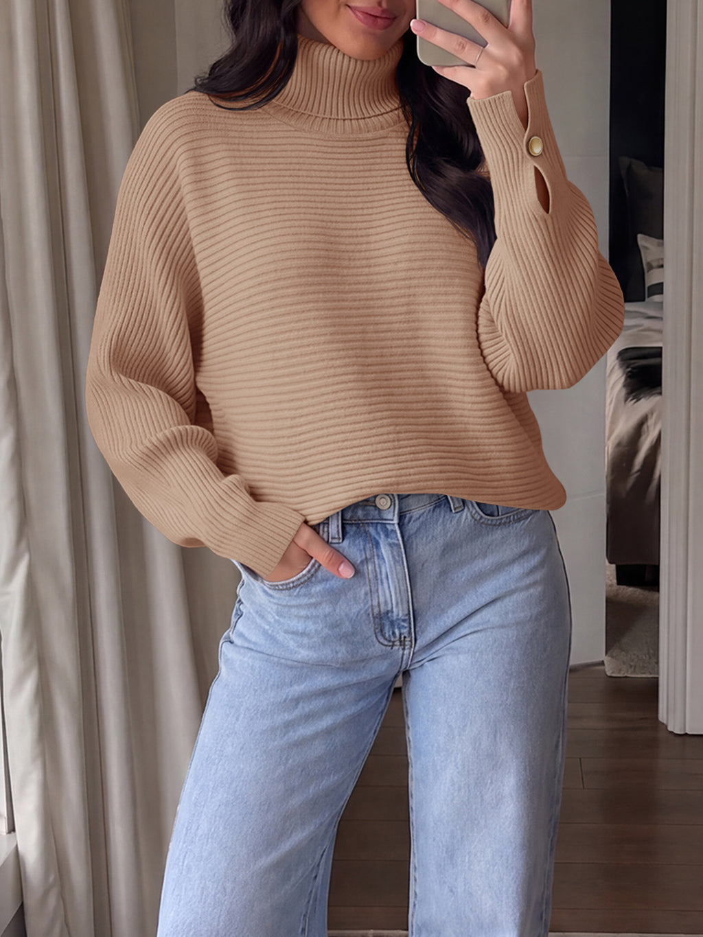 Saodimallsu Womens Batwing Sleeve Knit Turtleneck Sweater