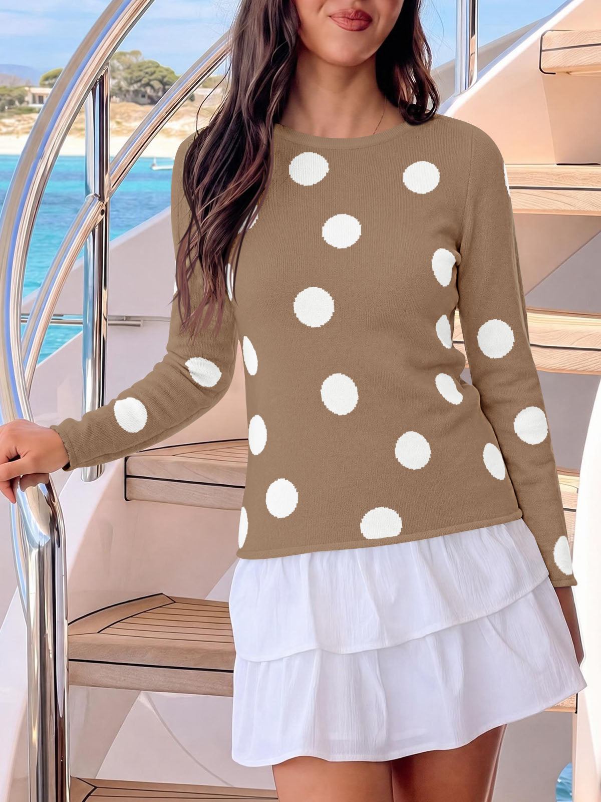 Saodimallsu Womens Polka Dot Long Sleeve Sweater