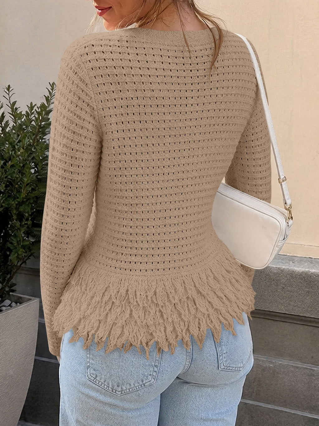 Saodimallsu Womens Crochet Fringe Crew Neck Sweater