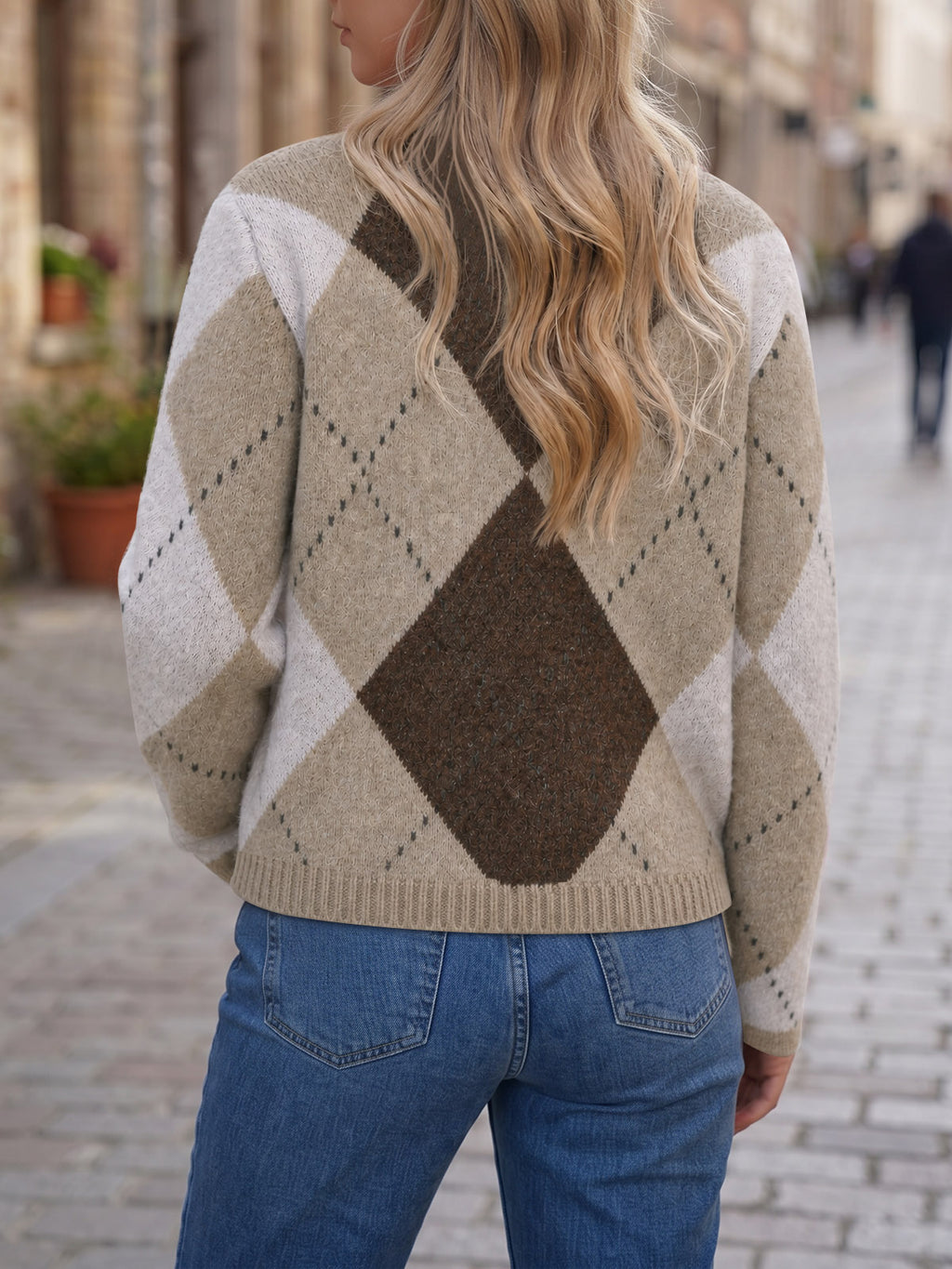 Saodimallsu Womens Argyle Crew Neck Knit Cardigan