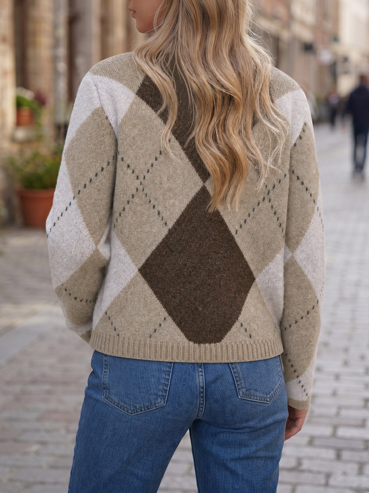 Saodimallsu Womens Argyle Crew Neck Knit Cardigan