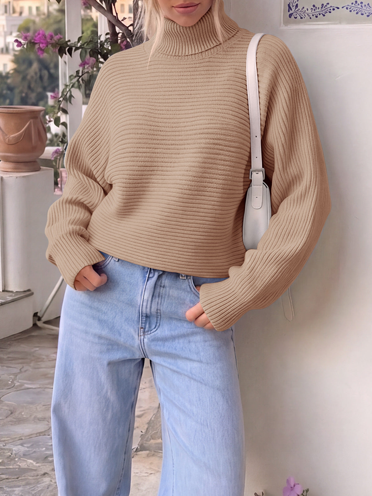 Saodimallsu Womens Batwing Sleeve Knit Turtleneck Sweater