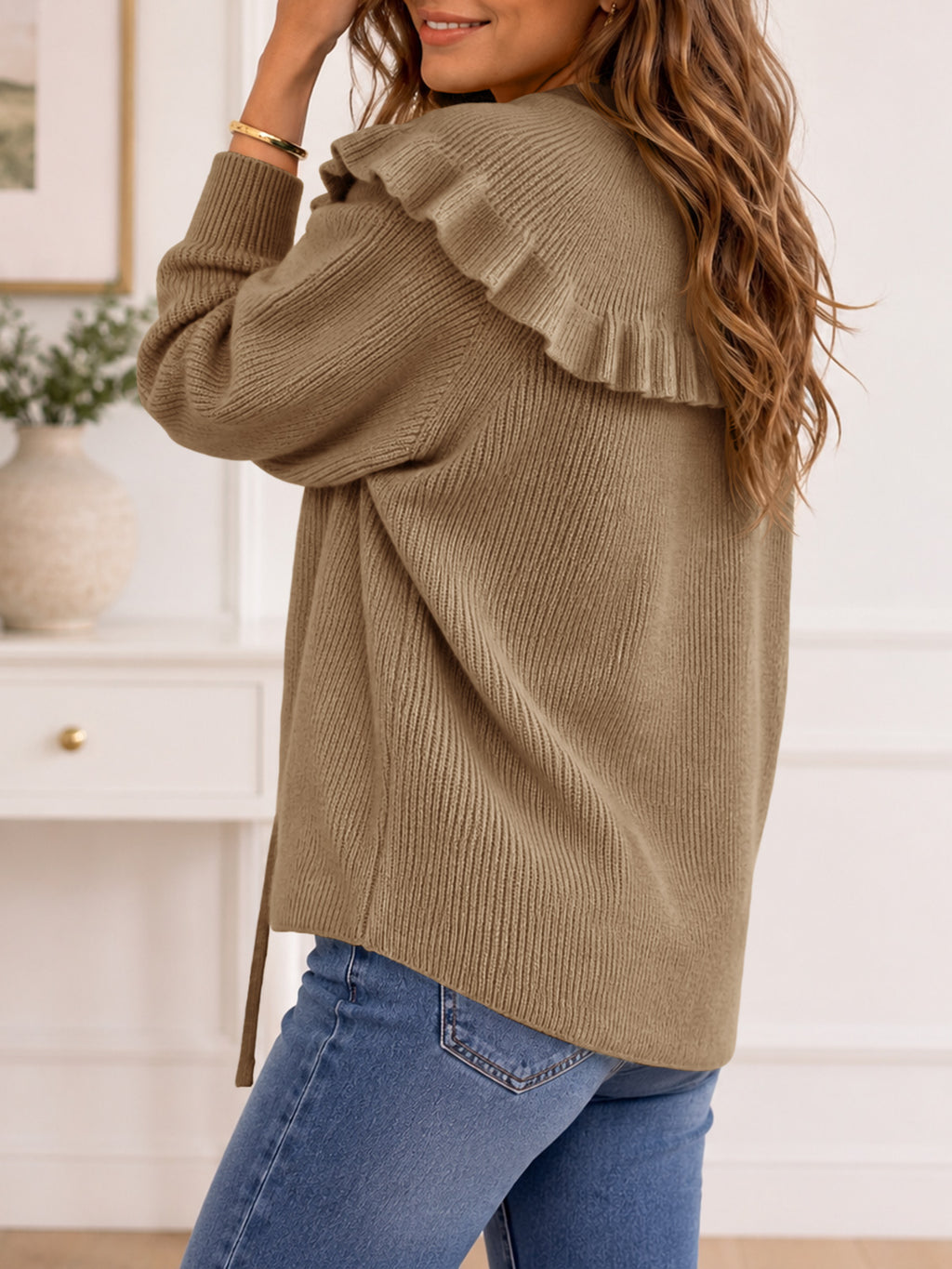 Saodimallsu Women Ruffle Collar Knit Cardigan