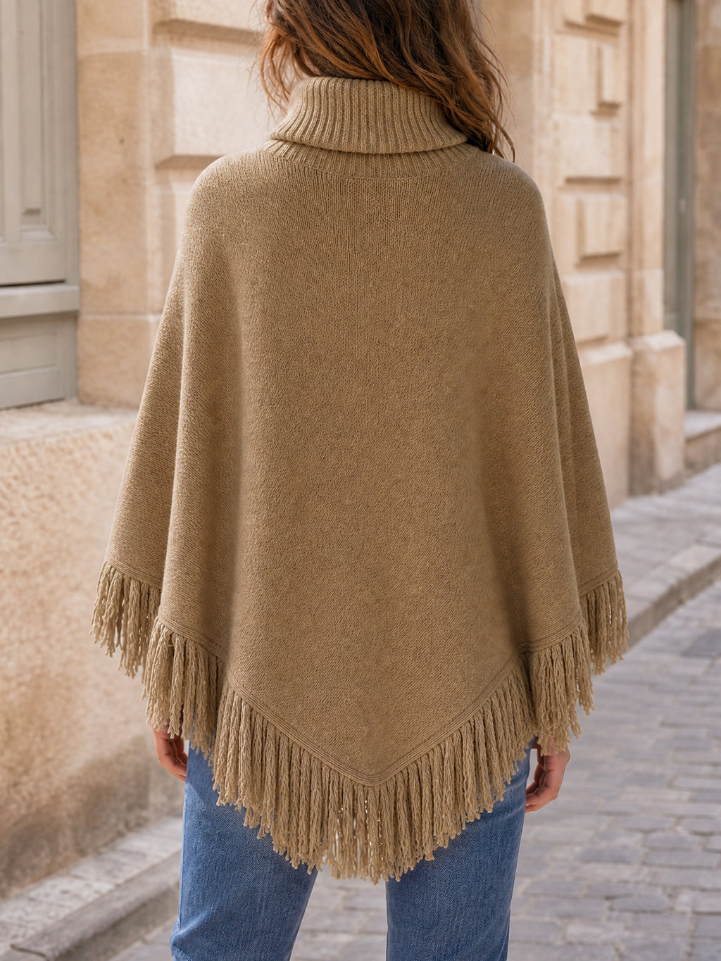 Saodimallsu Womens Fringe Turtleneck Poncho Sweater