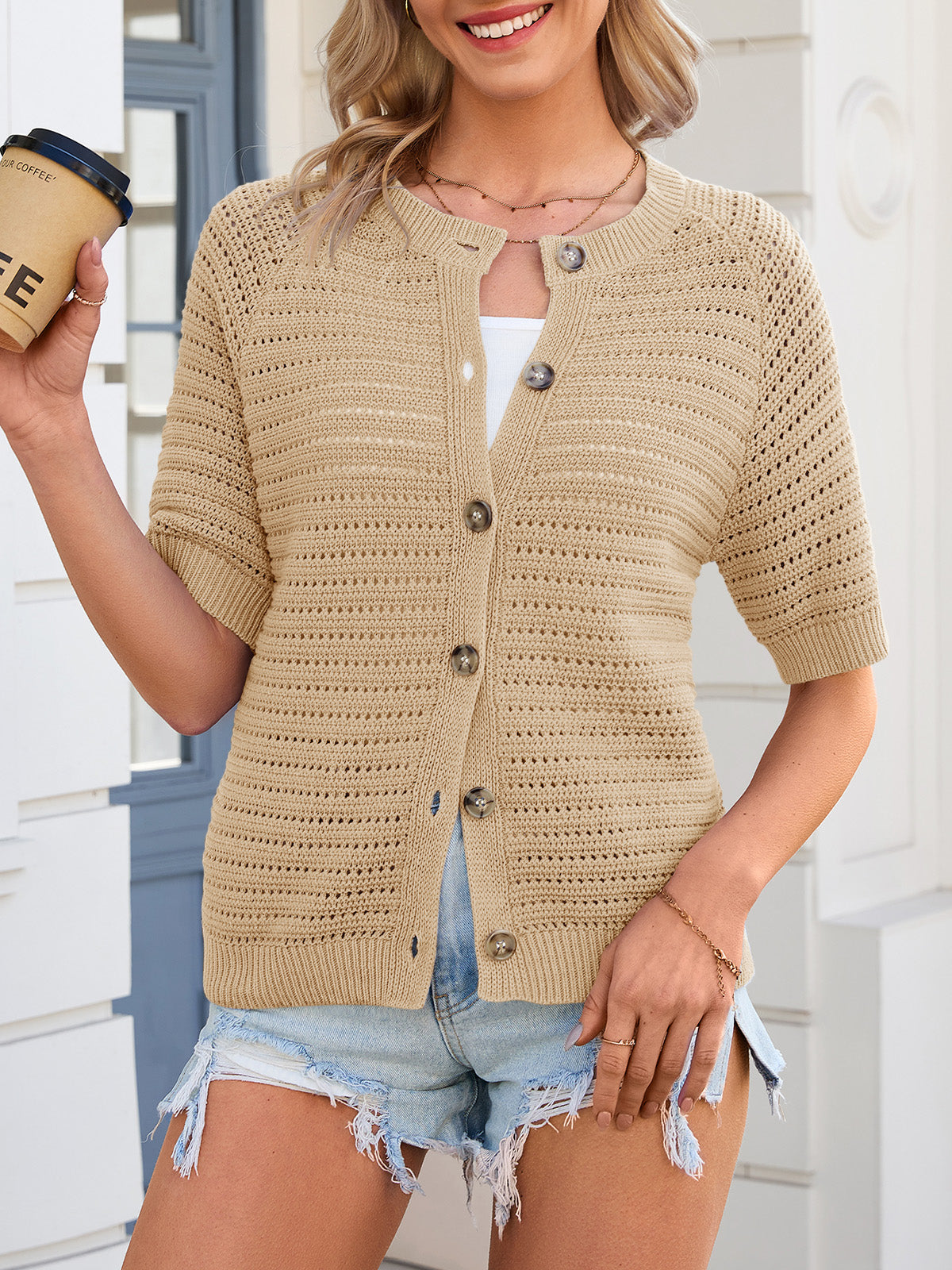 Saodimallsu Womens Crochet Short Sleeve Button Down Cardigan