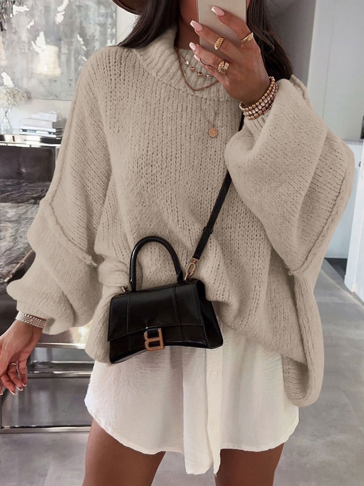 Saodimallsu Khaki Womens Mock Neck Sweater