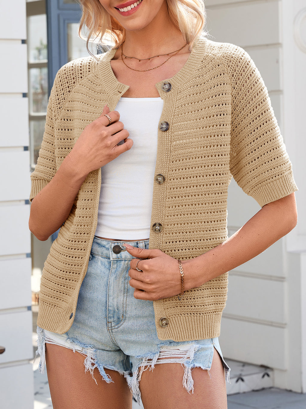 Saodimallsu Womens Crochet Short Sleeve Button Down Cardigan