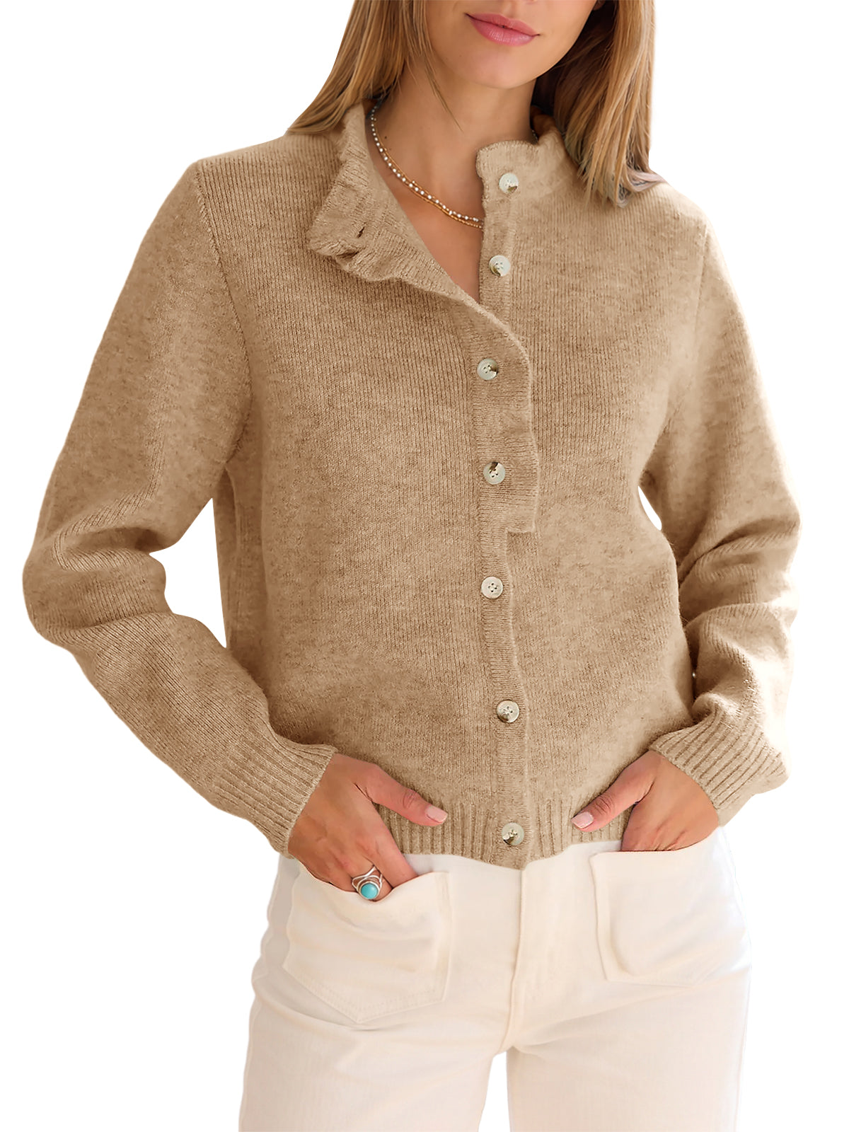 Saodimallsu Women Ruffle Mock Neck Knit Cardigan