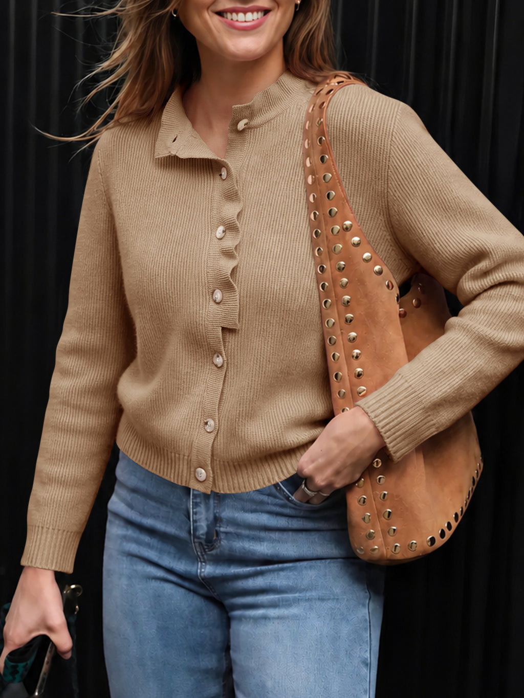 Saodimallsu Women Ruffle Mock Neck Knit Cardigan