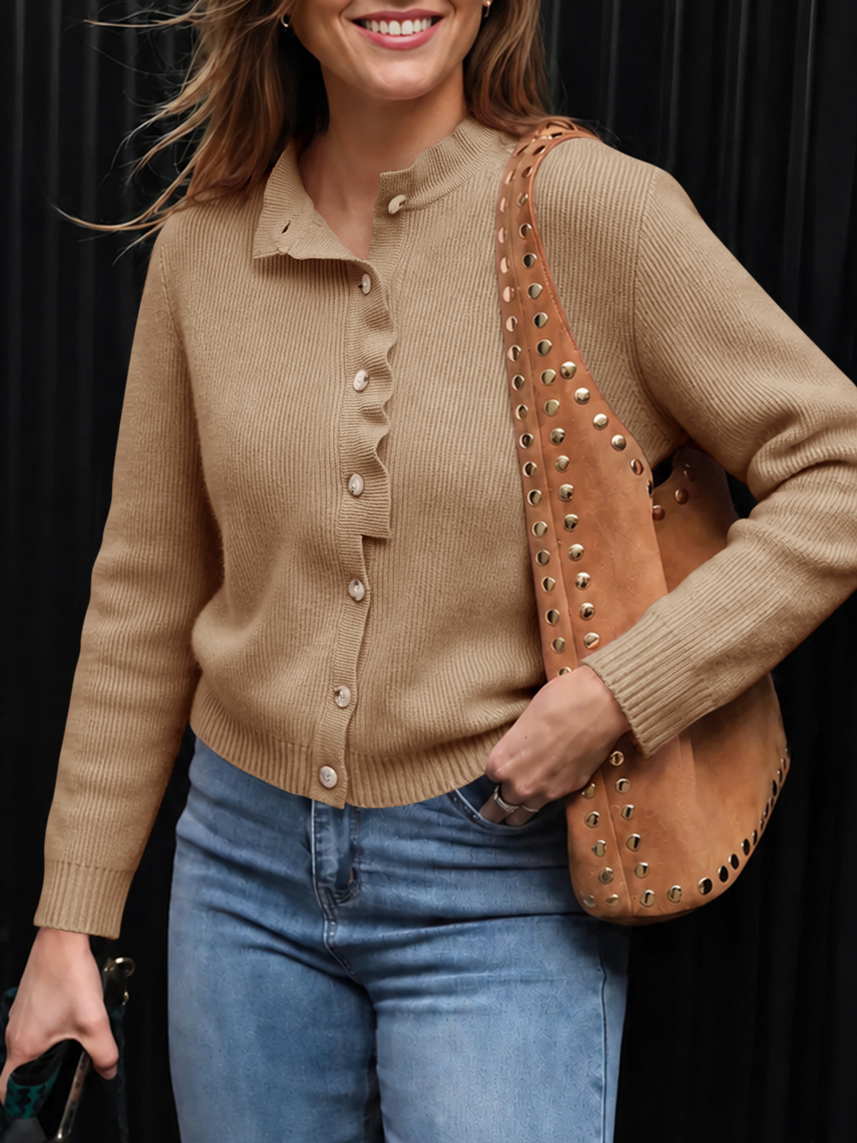 Saodimallsu Women Ruffle Mock Neck Knit Cardigan