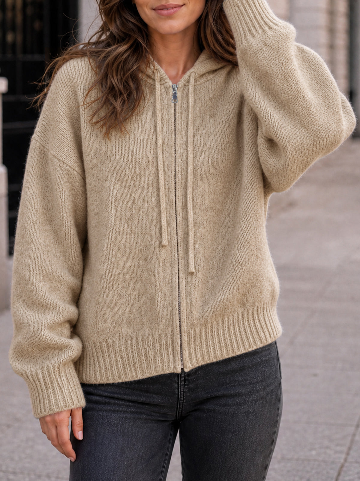 Saodimallsu Womens Zip Up Hooded Knit Cardigan