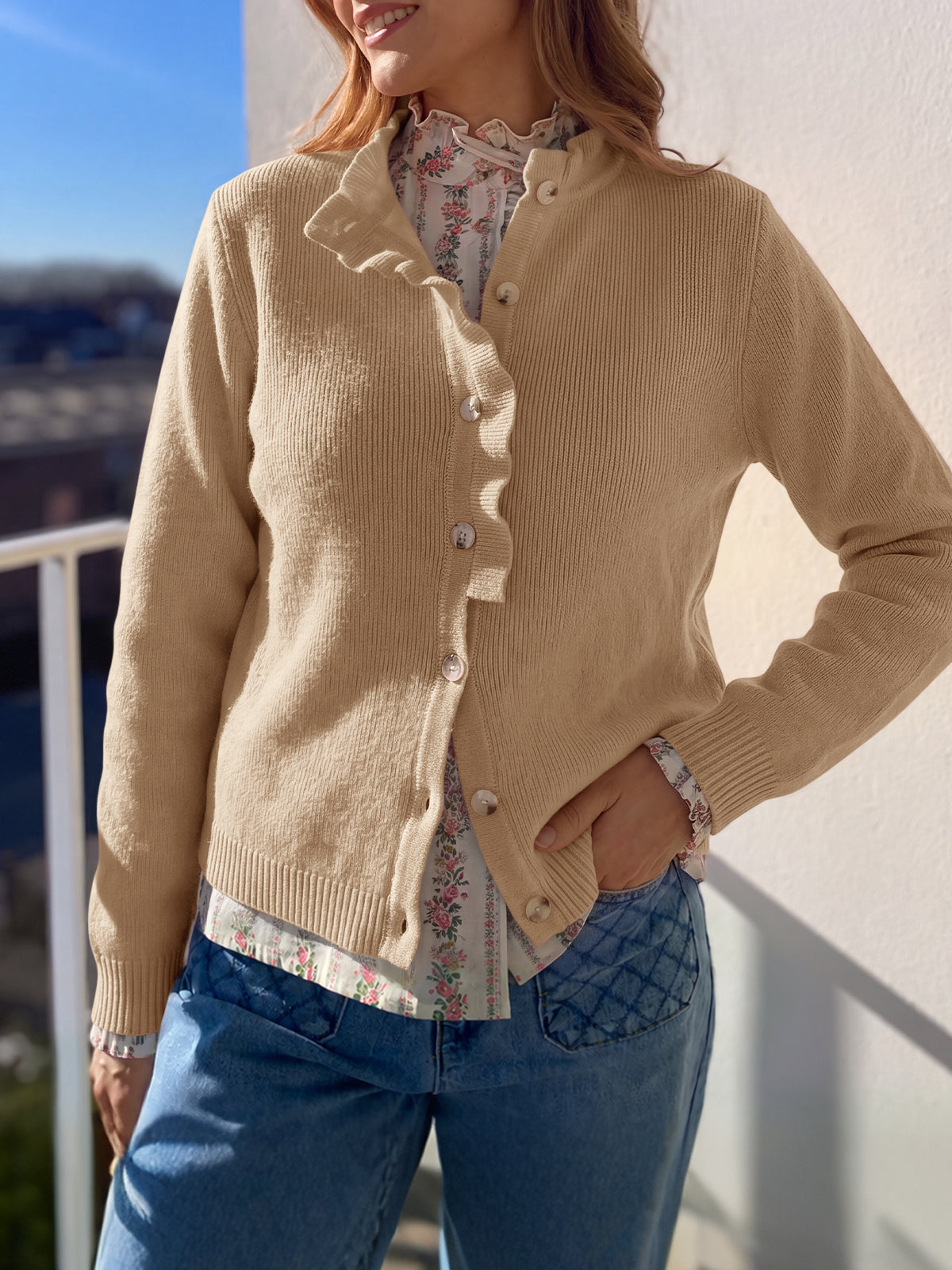 Saodimallsu Women Ruffle Mock Neck Knit Cardigan