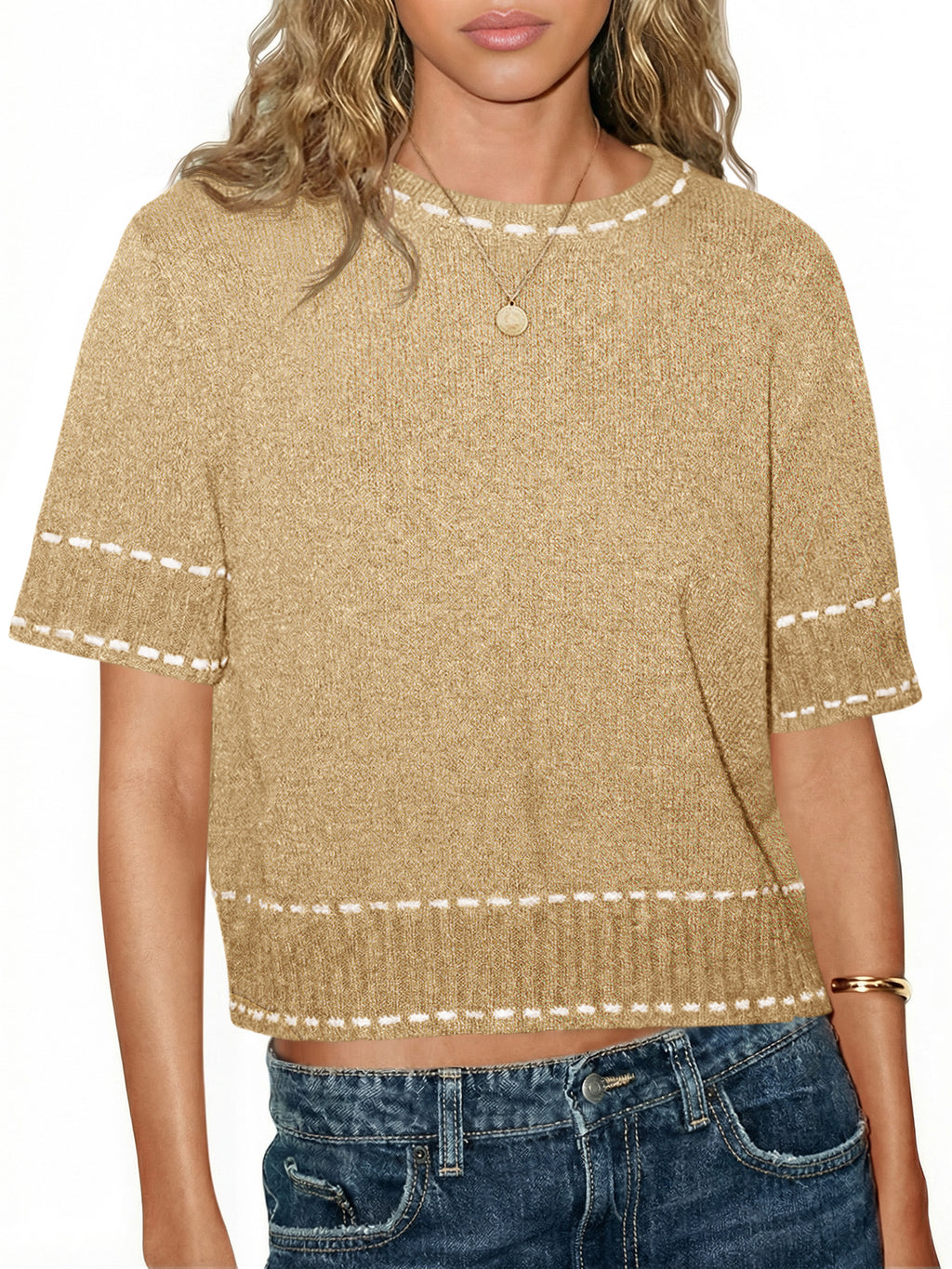 Saodimallsu Womens Cropped Crew Neck Knit Sweater