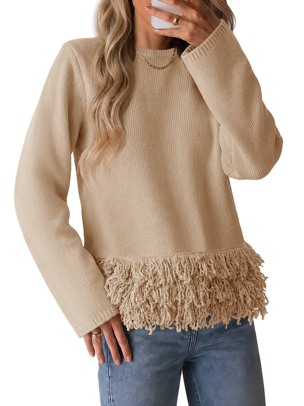 Saodimallsu Women Boho Fringe Knit Sweater