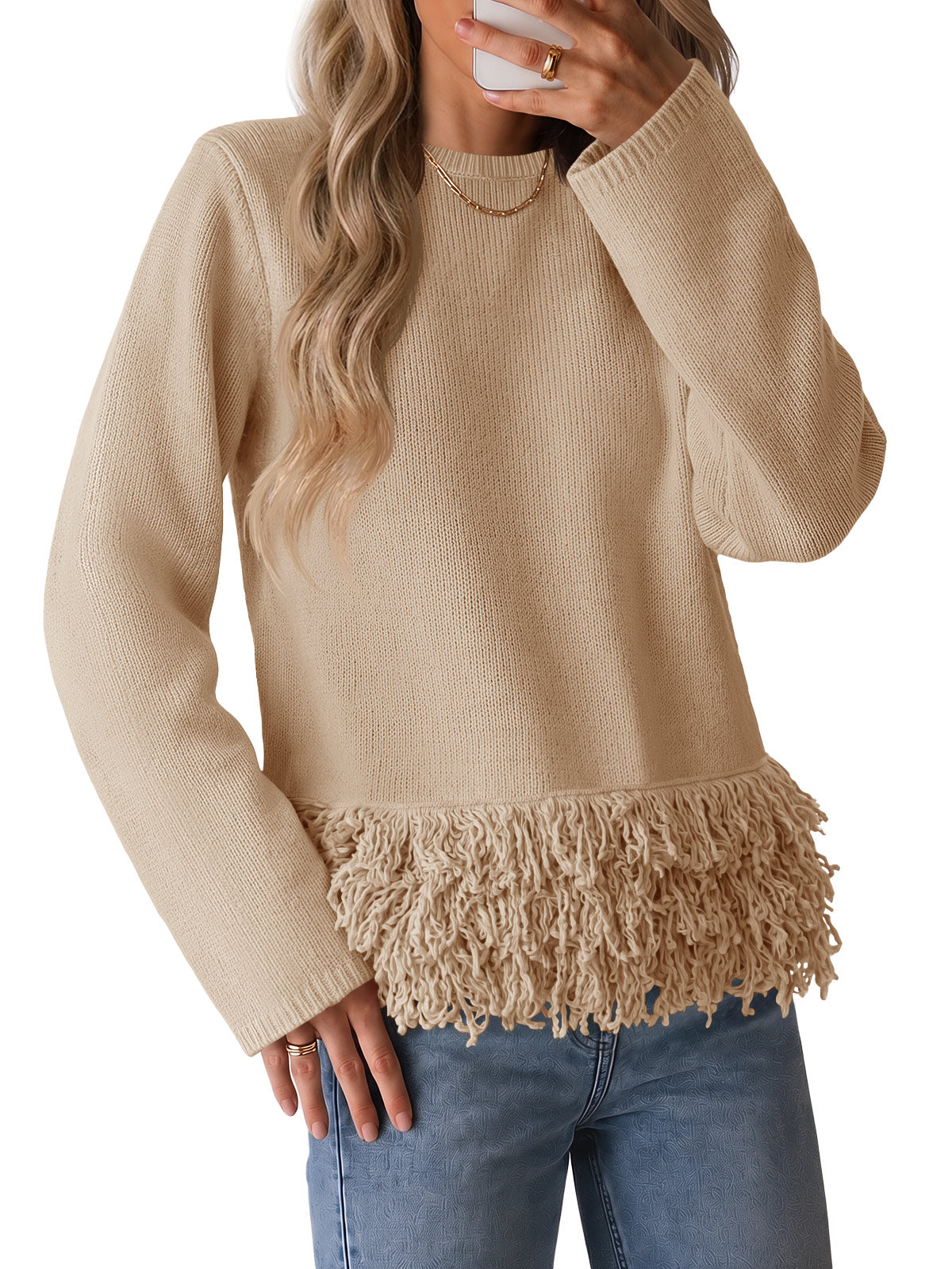 Saodimallsu Women Boho Fringe Knit Sweater