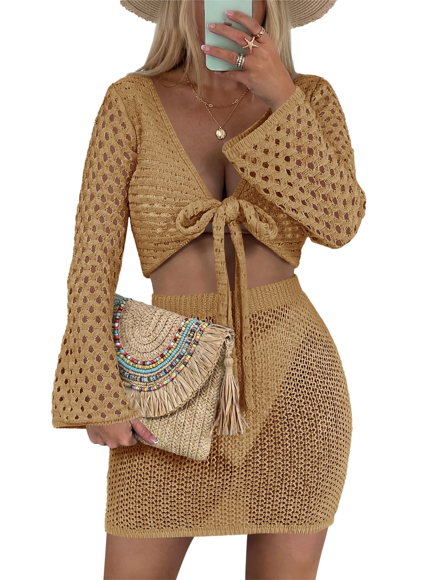 Saodimallsu Womens 2 Piece Crochet Swimsuit Coverup Set
