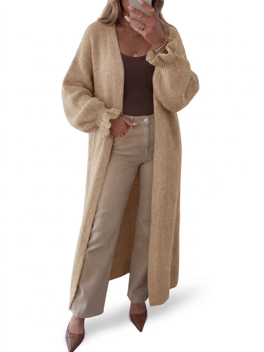 Saodimallsu Womens Ruffle Long Knit Cardigan