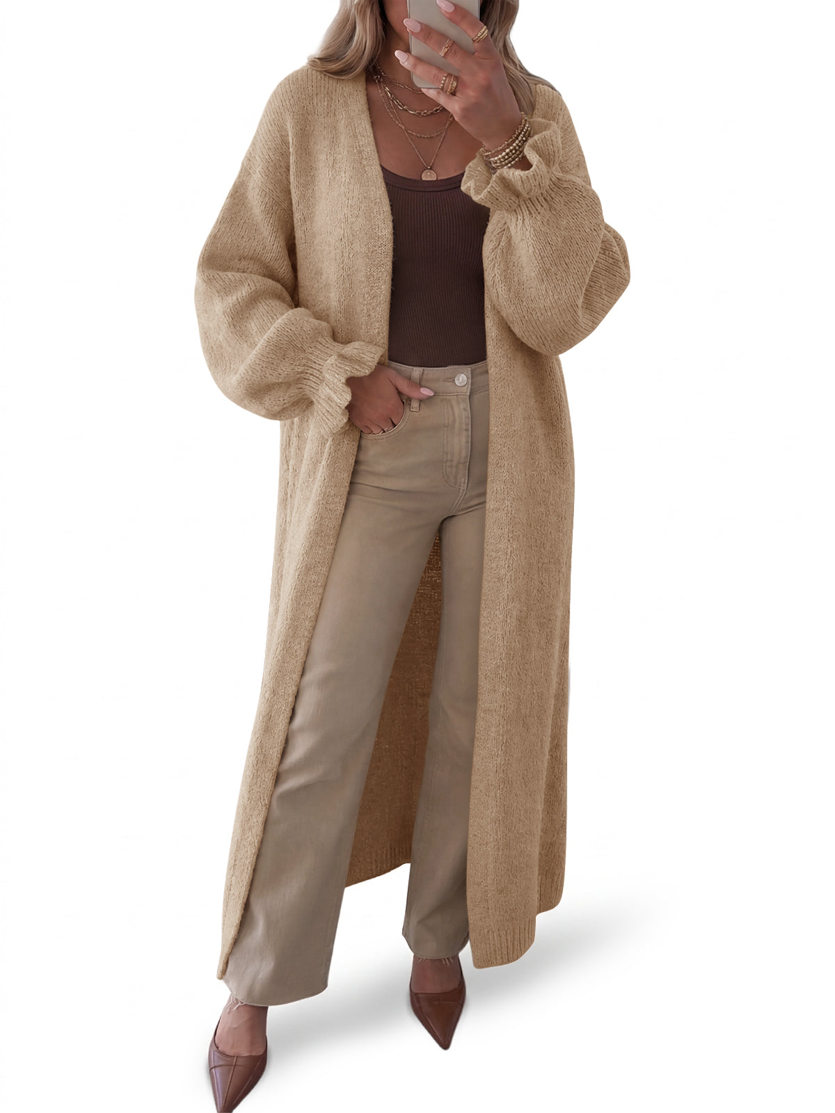 Saodimallsu Womens Ruffle Long Knit Cardigan