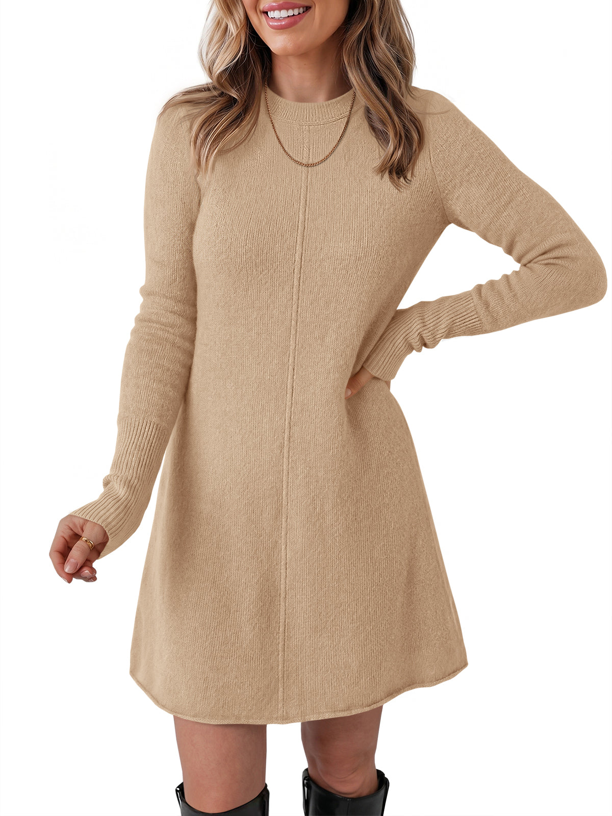 Saodimallsu Women Long Sleeve Knit Fit Flare Mini Sweater Dress