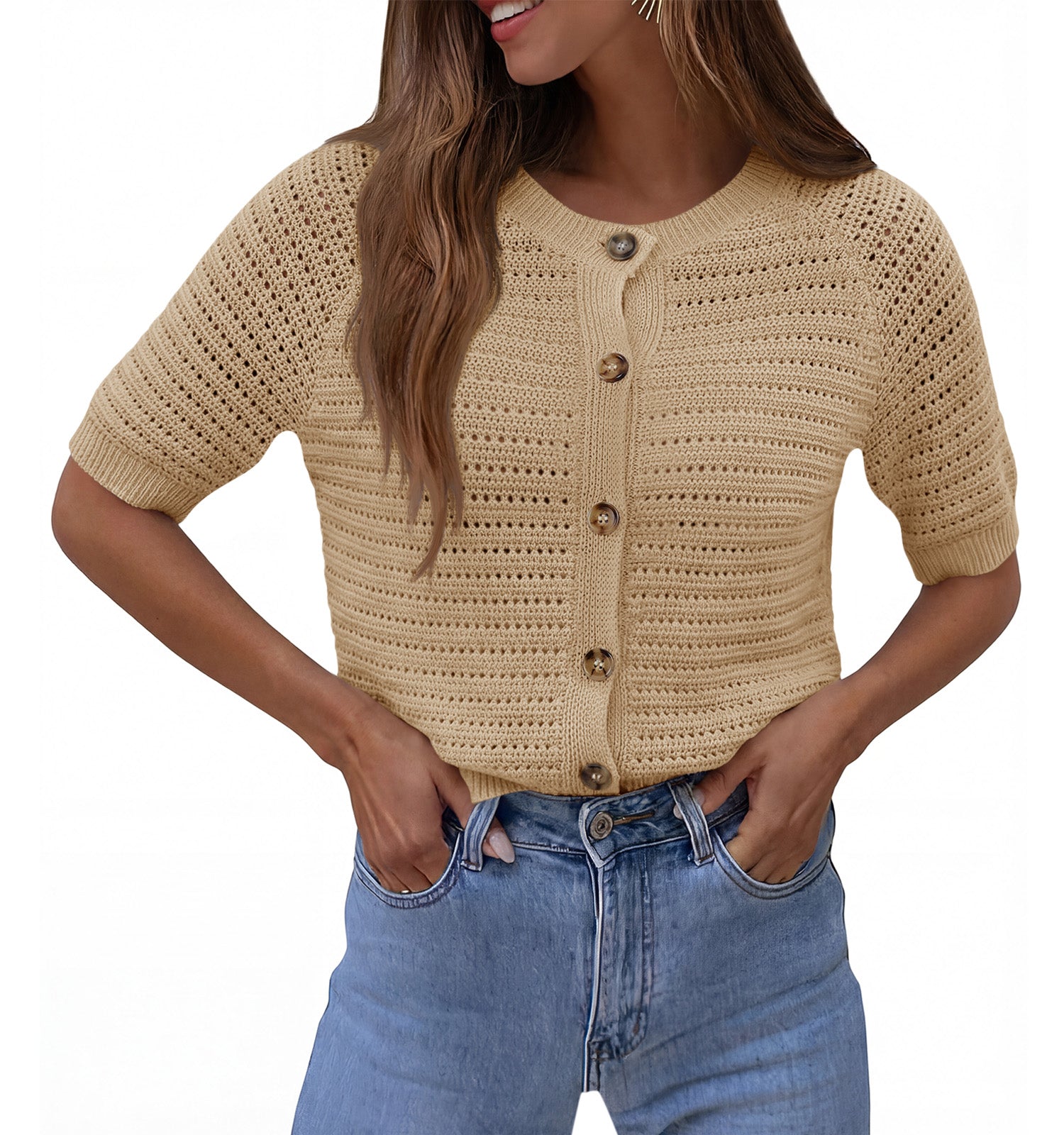 Saodimallsu Womens Crochet Short Sleeve Button Down Cardigan
