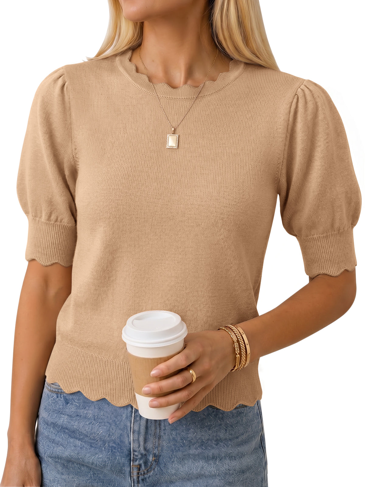 Saodimallsu Women Puff Sleeve Knit Top