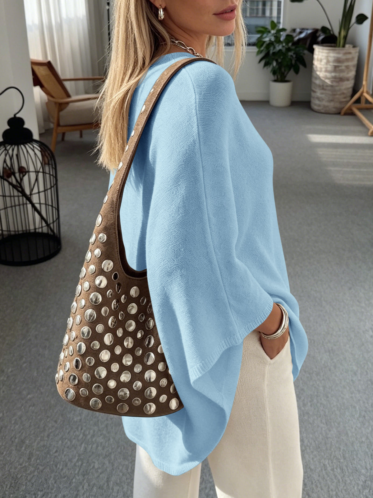 Saodimallsu Women Poncho Boat Neck Knit Sweater