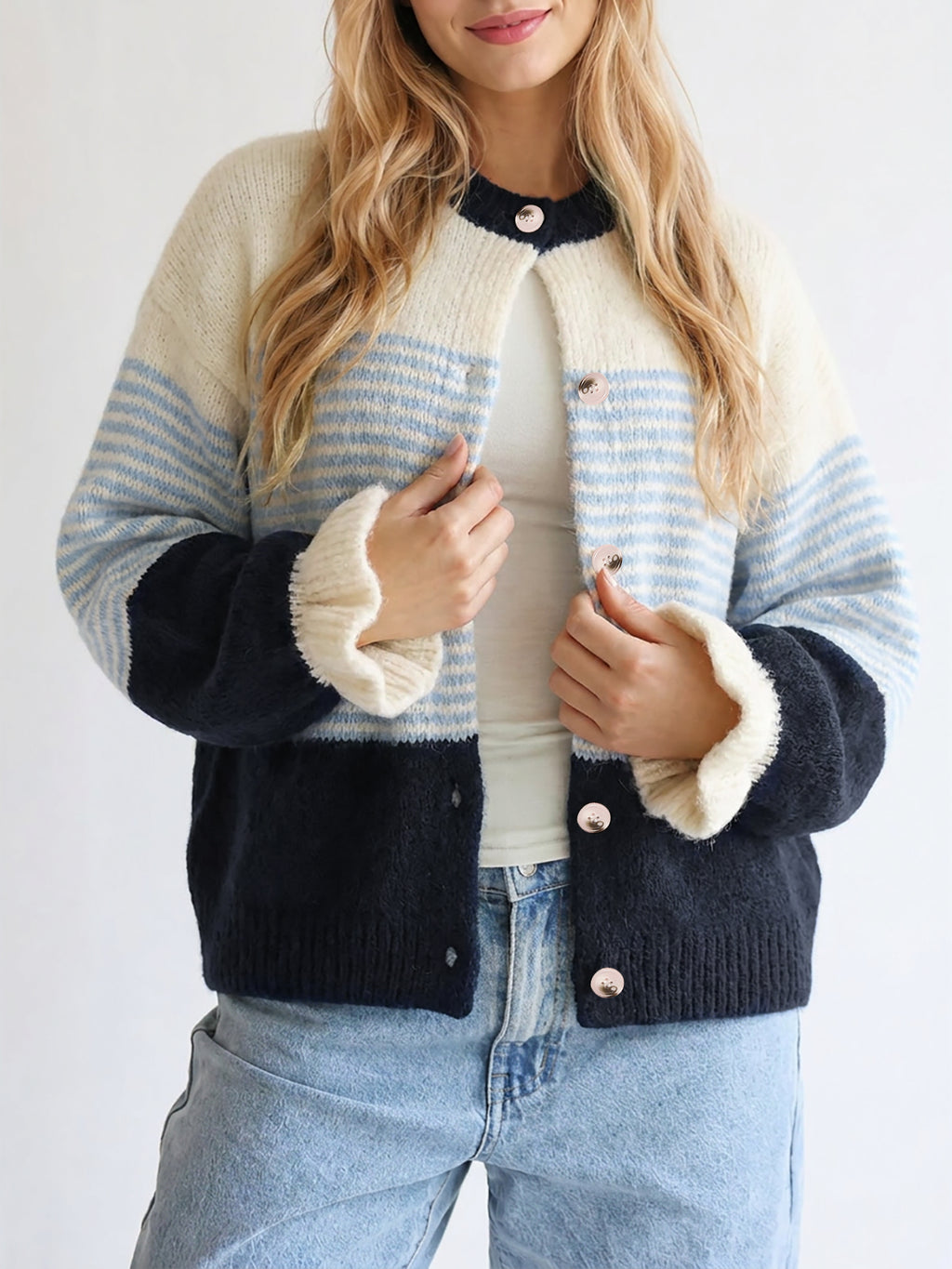 Saodimallsu Womens Striped Ruffle Sleeve Cardigan Coats