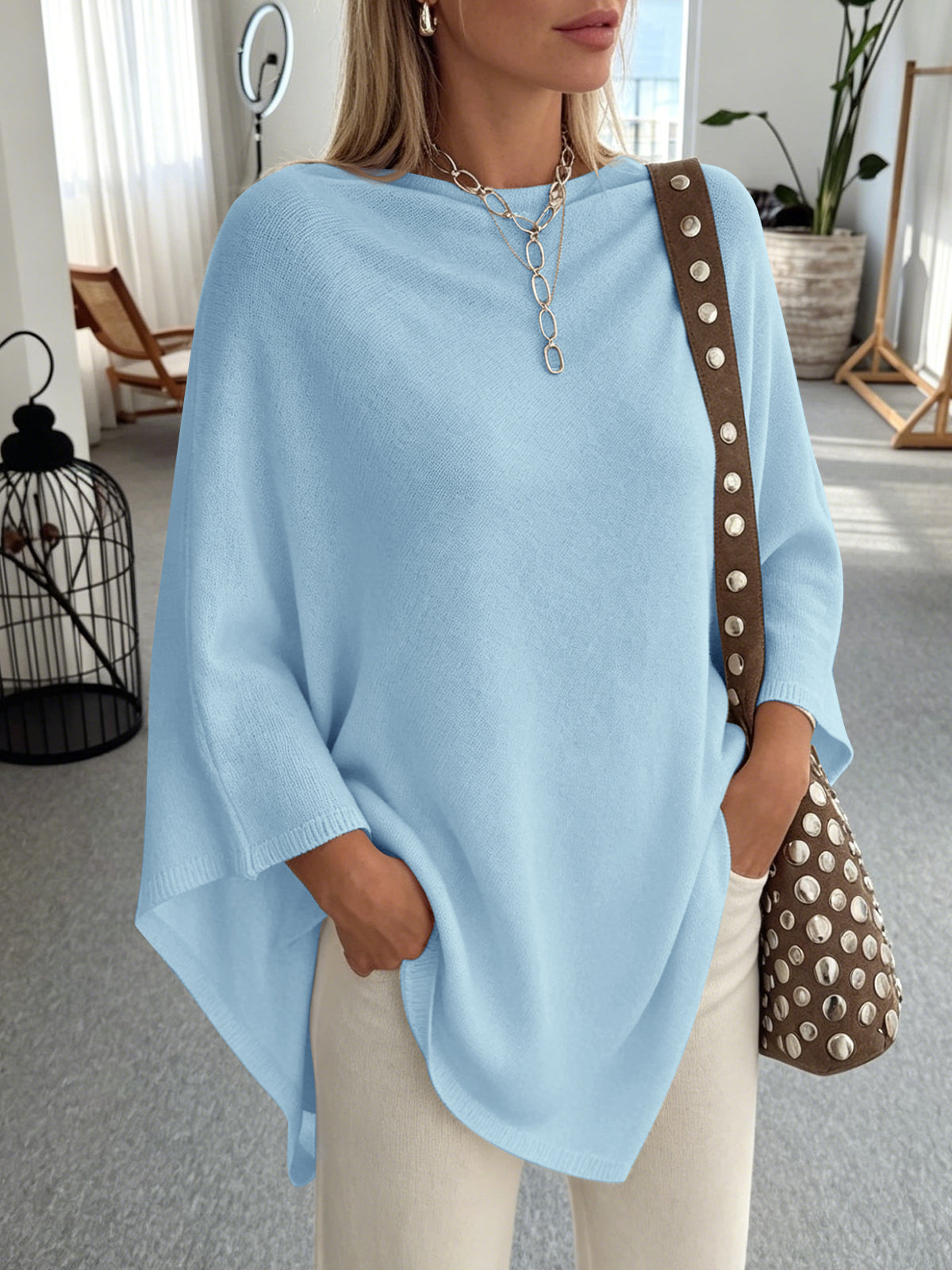 Saodimallsu Women Poncho Boat Neck Knit Sweater